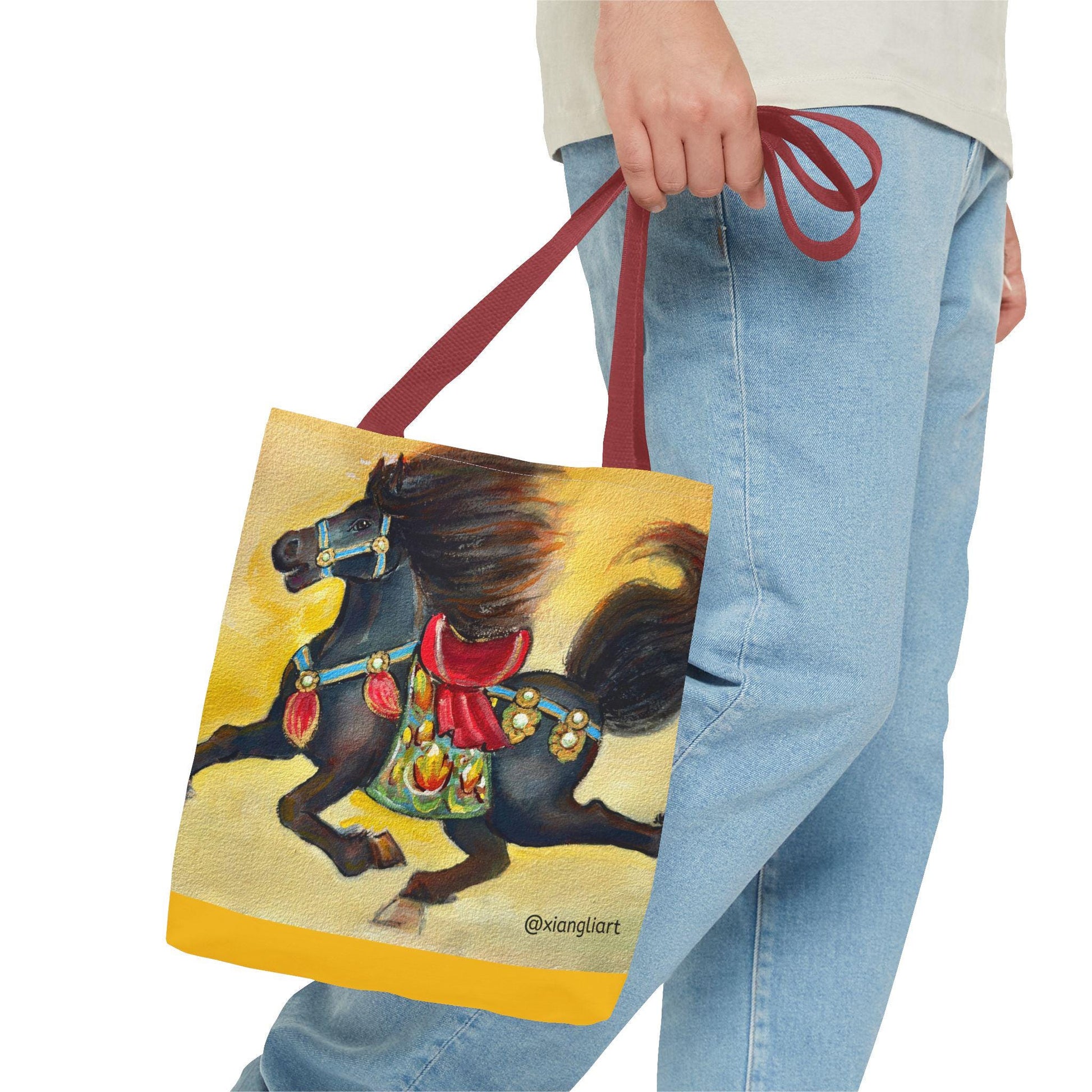 Chinese Horoscope Horse Lunar New Year 2026 Best Gift Black Carousel Horse Tote Bag | Colorful Saddle All-Over Print