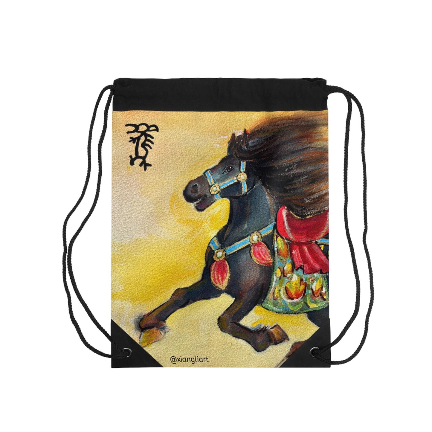 Chinese Horoscope Horse Lunar New Year 2026 Best Gift Black Carousel Horse Drawstring Bag | Vintage Carousel Artwork