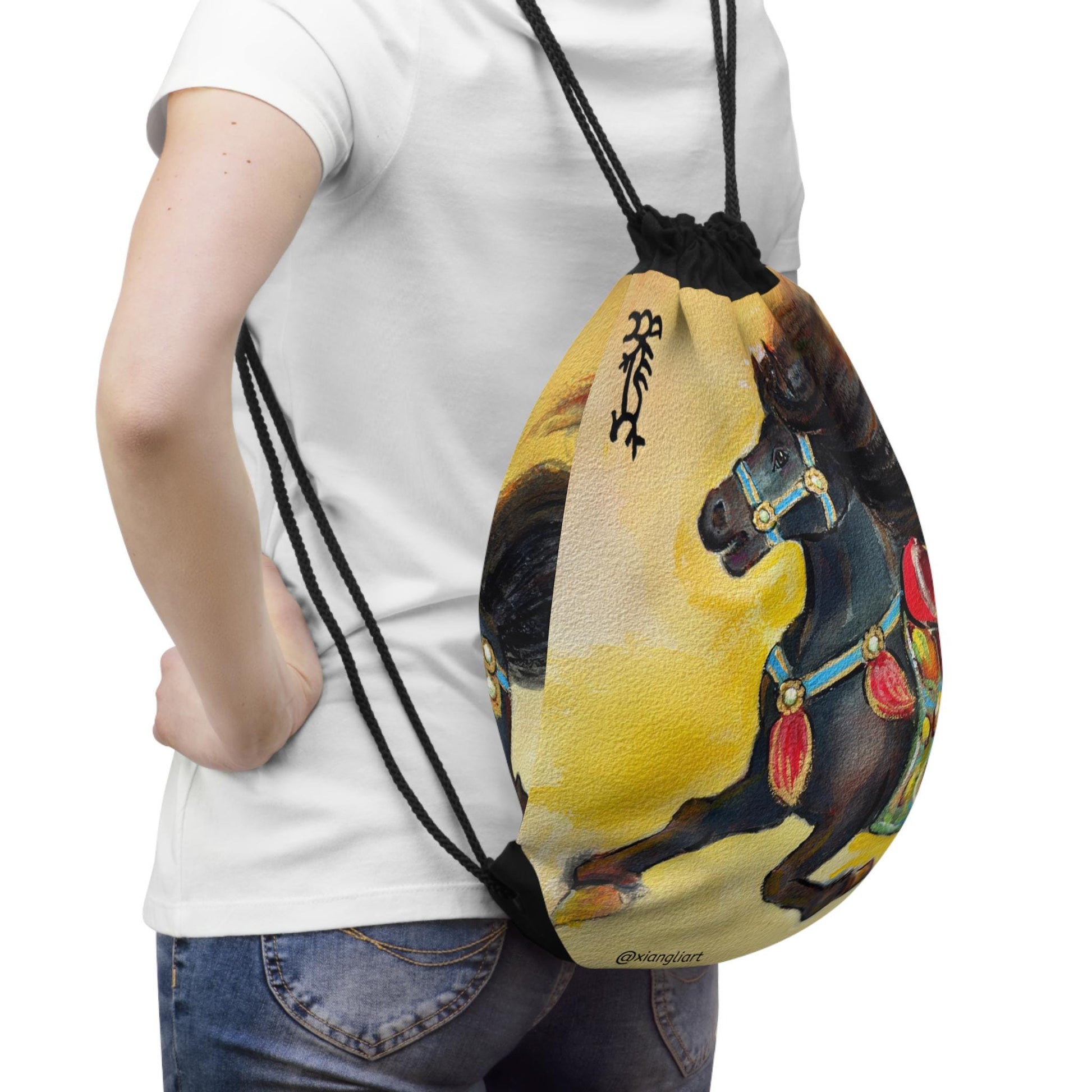 Chinese Horoscope Horse Lunar New Year 2026 Best Gift Black Carousel Horse Drawstring Bag | Vintage Carousel Artwork