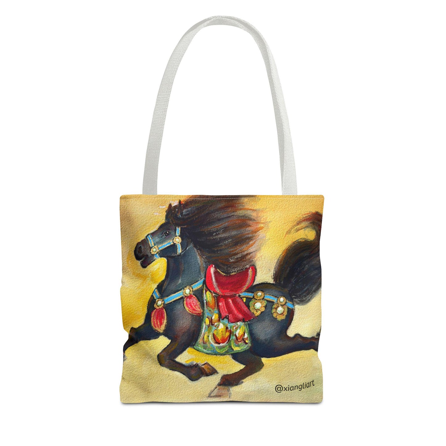 Chinese Horoscope Horse Lunar New Year 2026 Best Gift Black Carousel Horse Tote Bag | Colorful Saddle All-Over Print