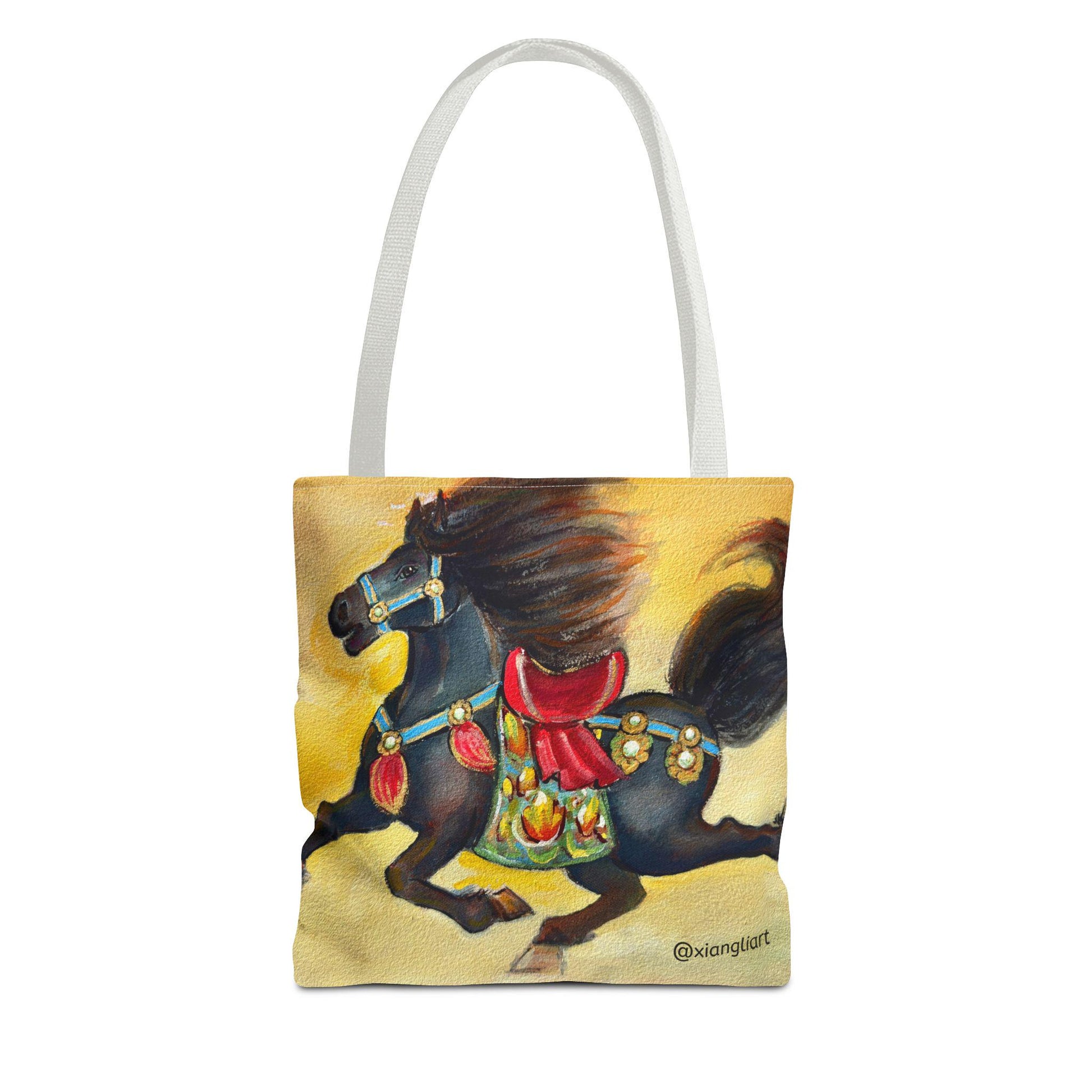 Chinese Horoscope Horse Lunar New Year 2026 Best Gift Black Carousel Horse Tote Bag | Colorful Saddle All-Over Print