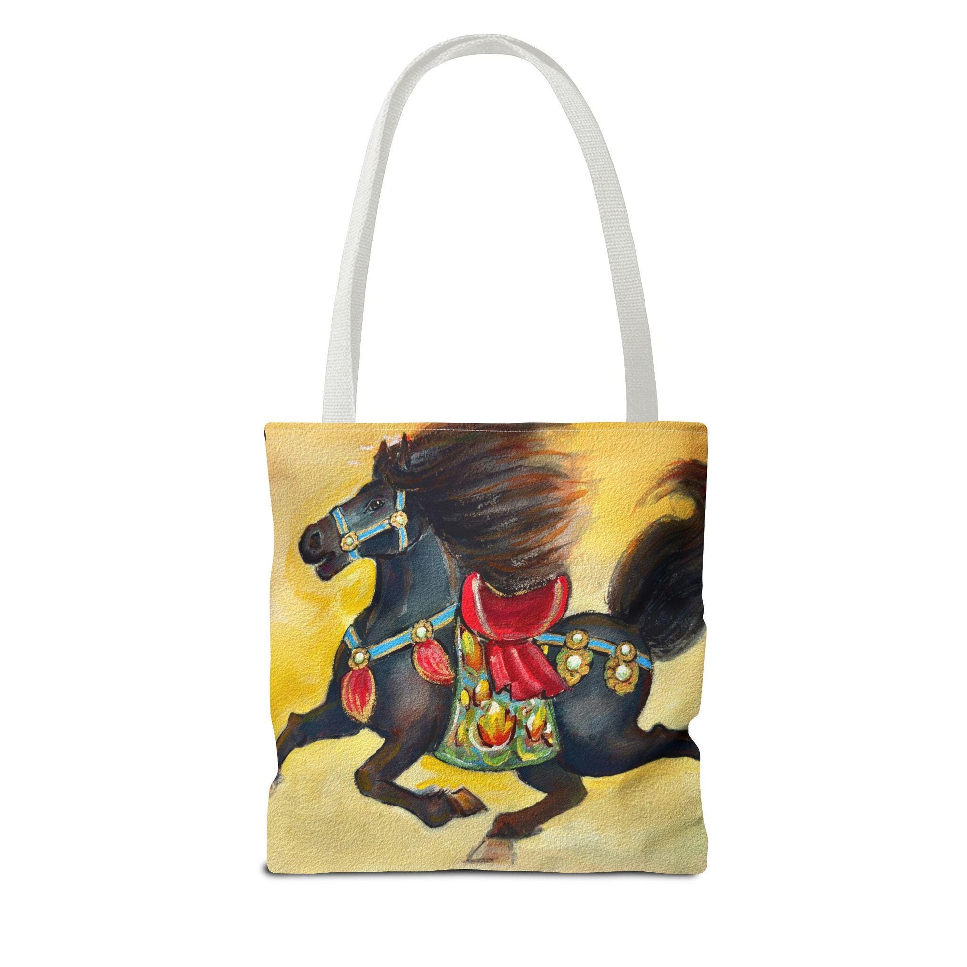 Chinese Horoscope Horse Lunar New Year 2026 Best Gift Black Carousel Horse Tote Bag | Colorful Saddle All-Over Print