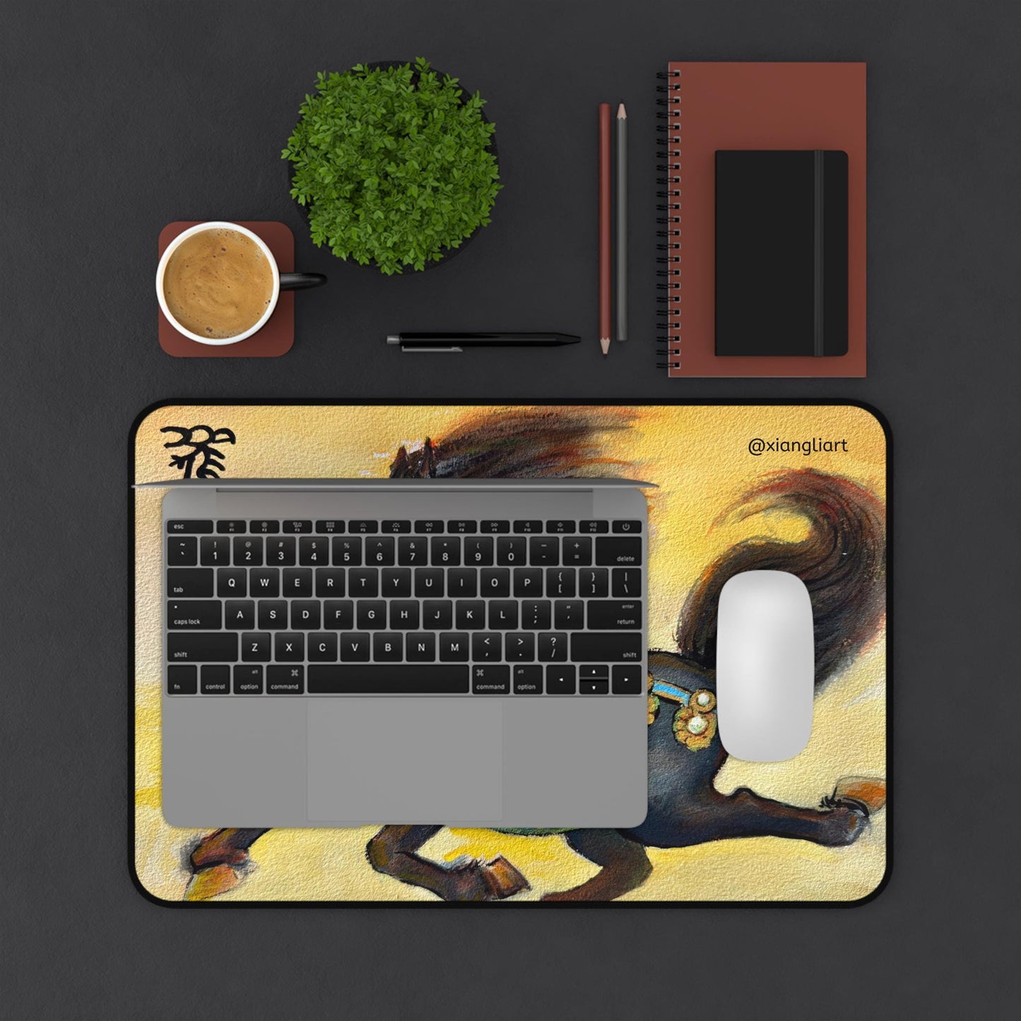 Chinese Horoscope Horse, Lunar New Year 2026, Best Gift, Black Decorative Horse Desk Mat | Painted Running Horse Art Mouse Pad