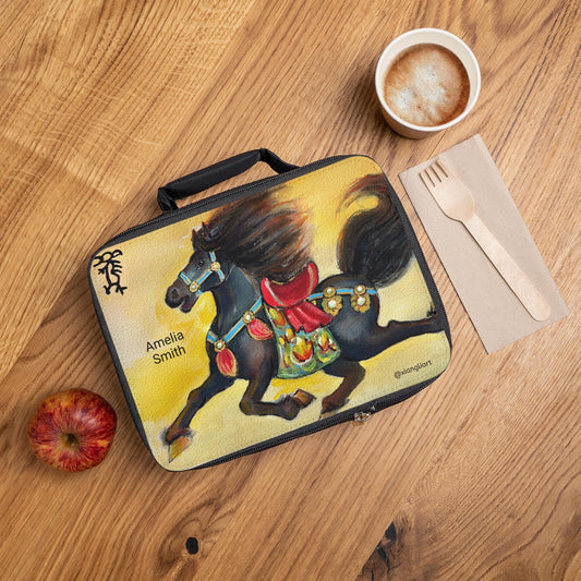 Chinese Horoscope Lunar New Year 2026 Gift Black Horse Illustration Lunch Bag | Running Horse Art Lunchbox
