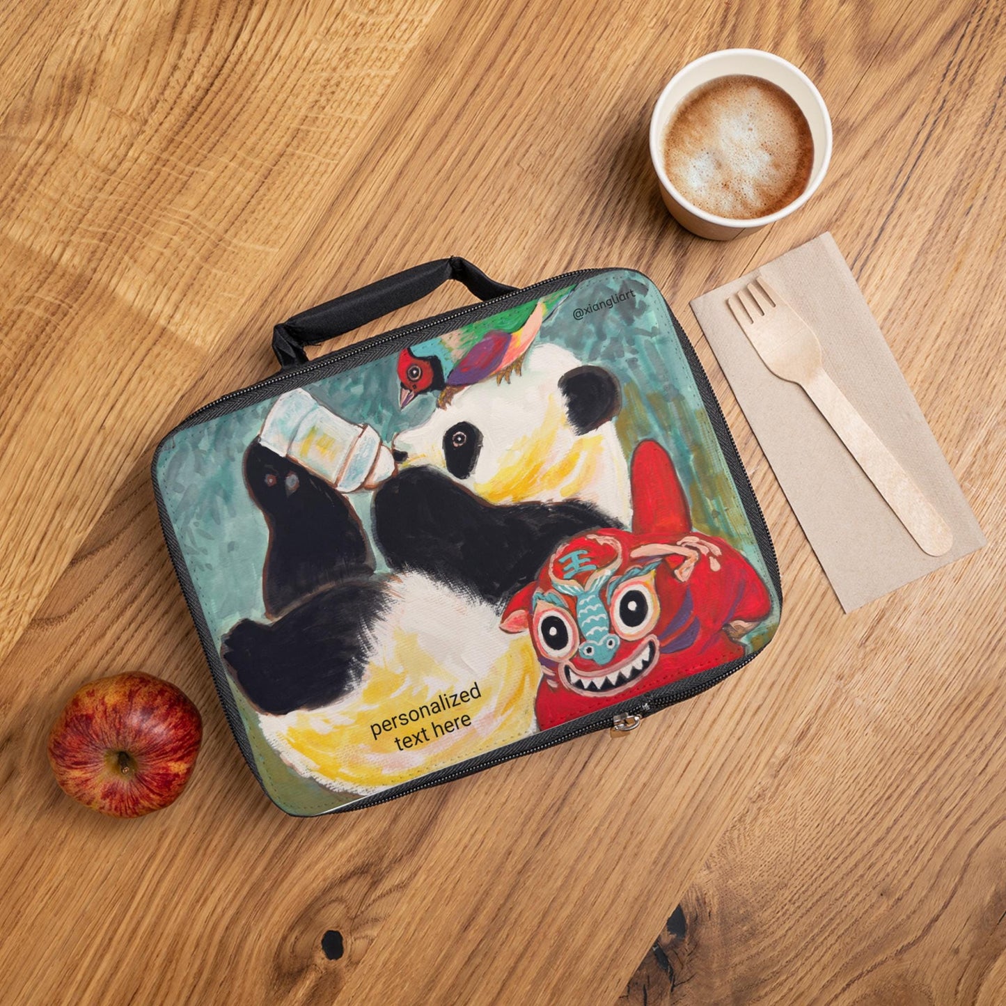 Panda Drinking Bottle Lunch Bag | Cute Animal Lunchbox, Personalized Text Option