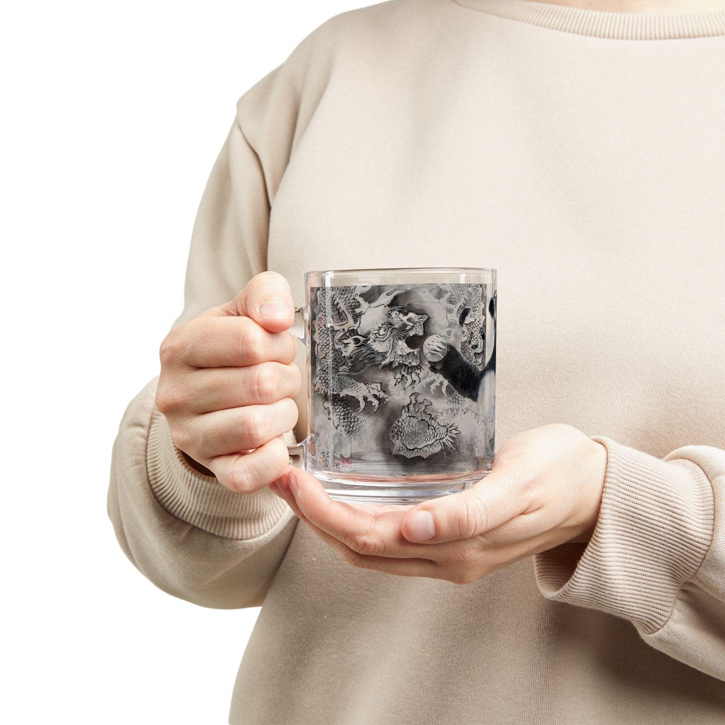 Panda and Dragon Illustration Glass Mug | 10oz