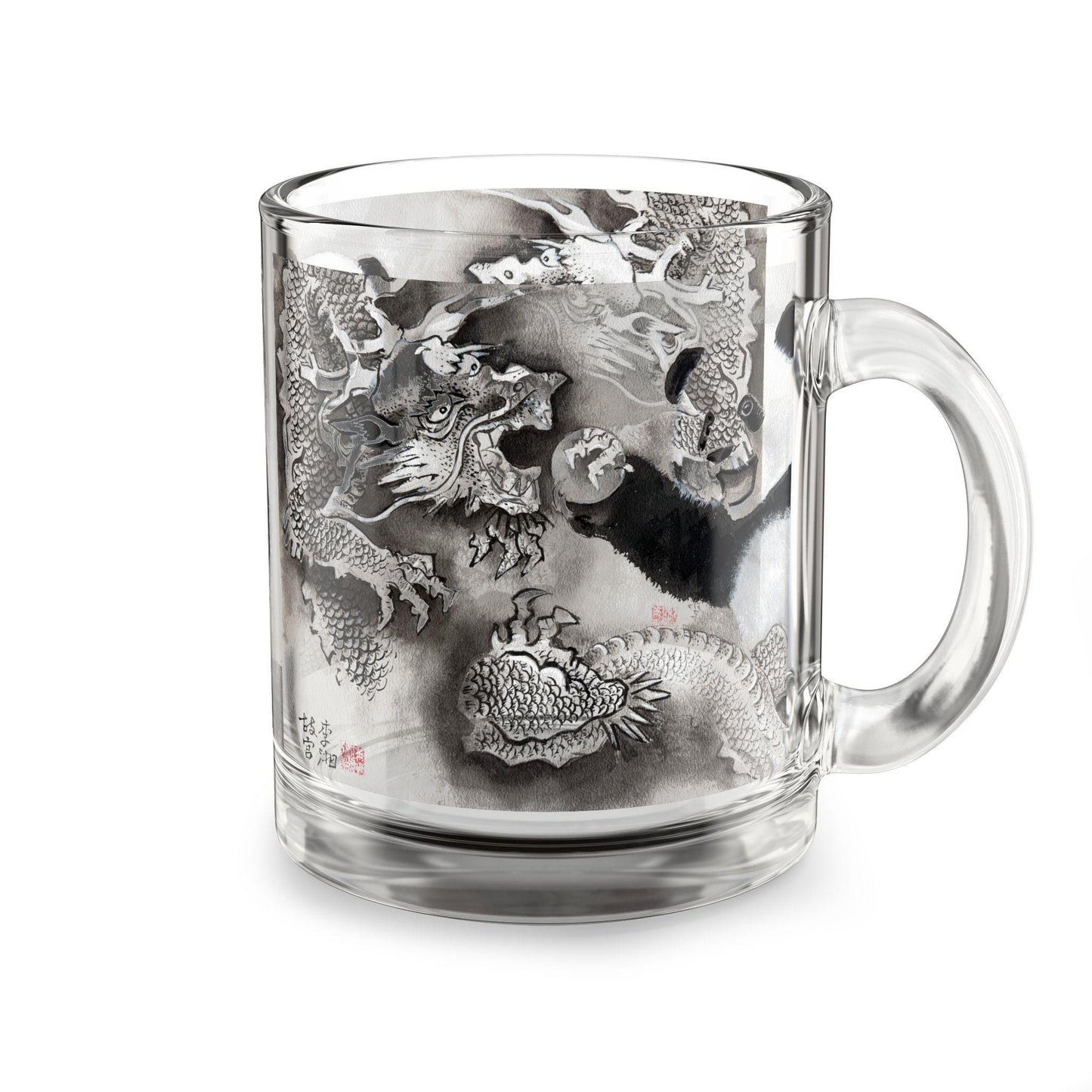 Panda and Dragon Illustration Glass Mug | 10oz
