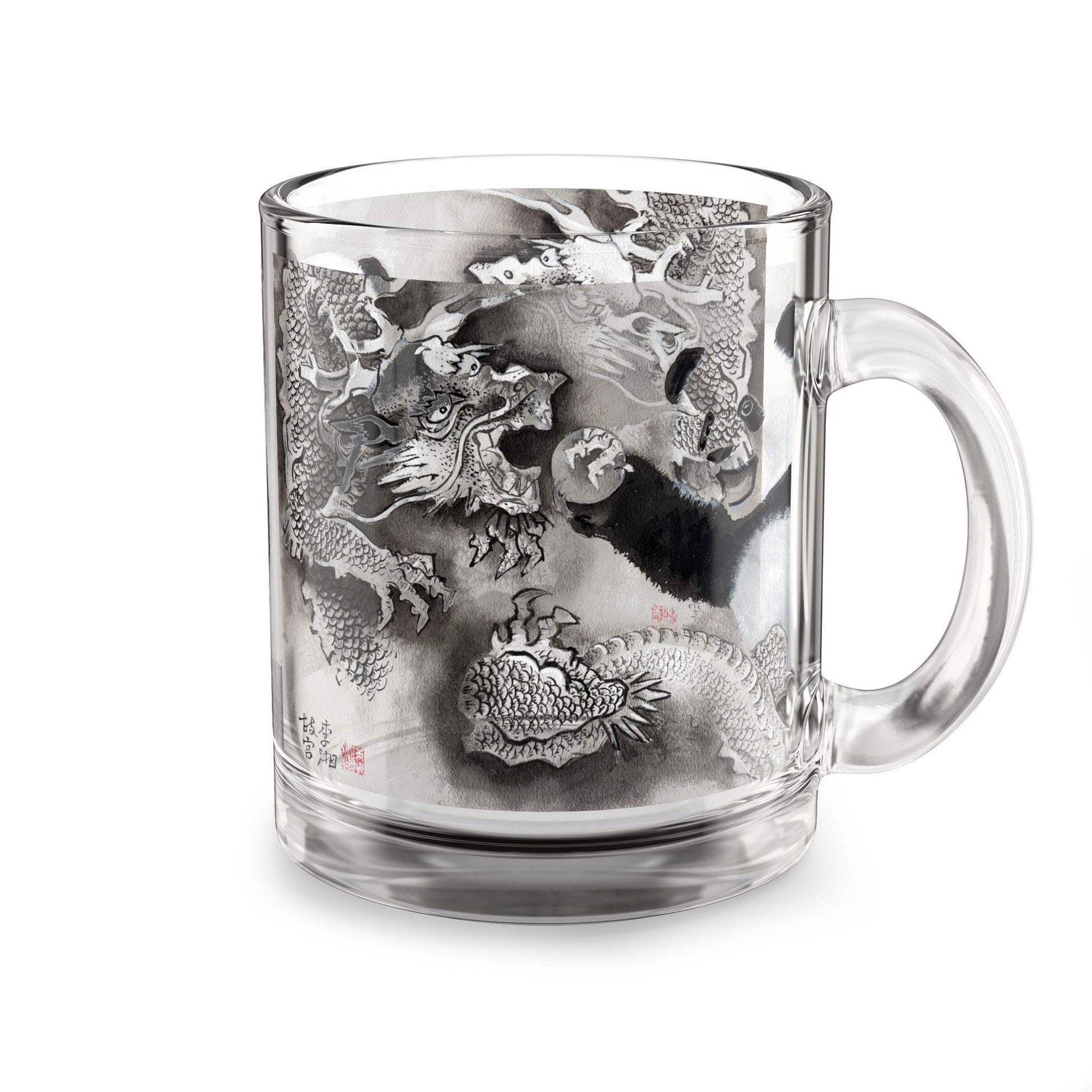 Panda and Dragon Illustration Glass Mug | 10oz