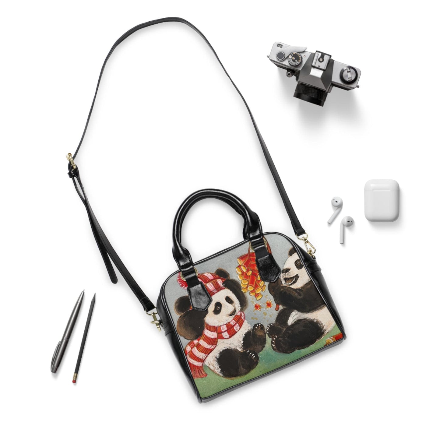 Panda Cubs Playing Shoulder Handbag | Cute Panda Illustration Purse