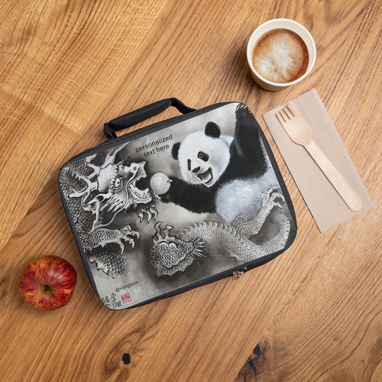 Panda and Dragon Artwork Lunch Bag | Chinese Ink Style Bento Bag