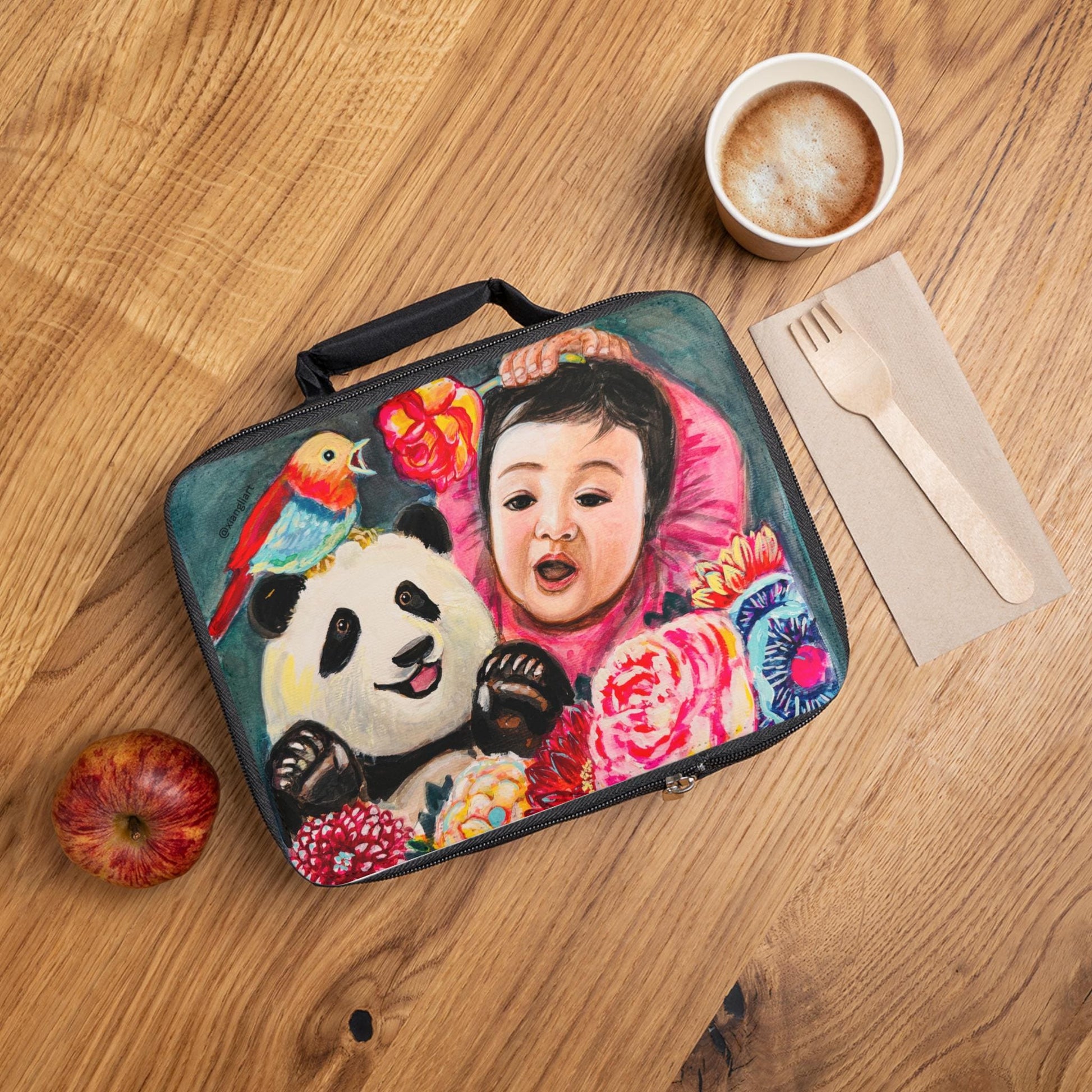 Panda and Baby with Bird Lunch Bag | Floral Pop Art