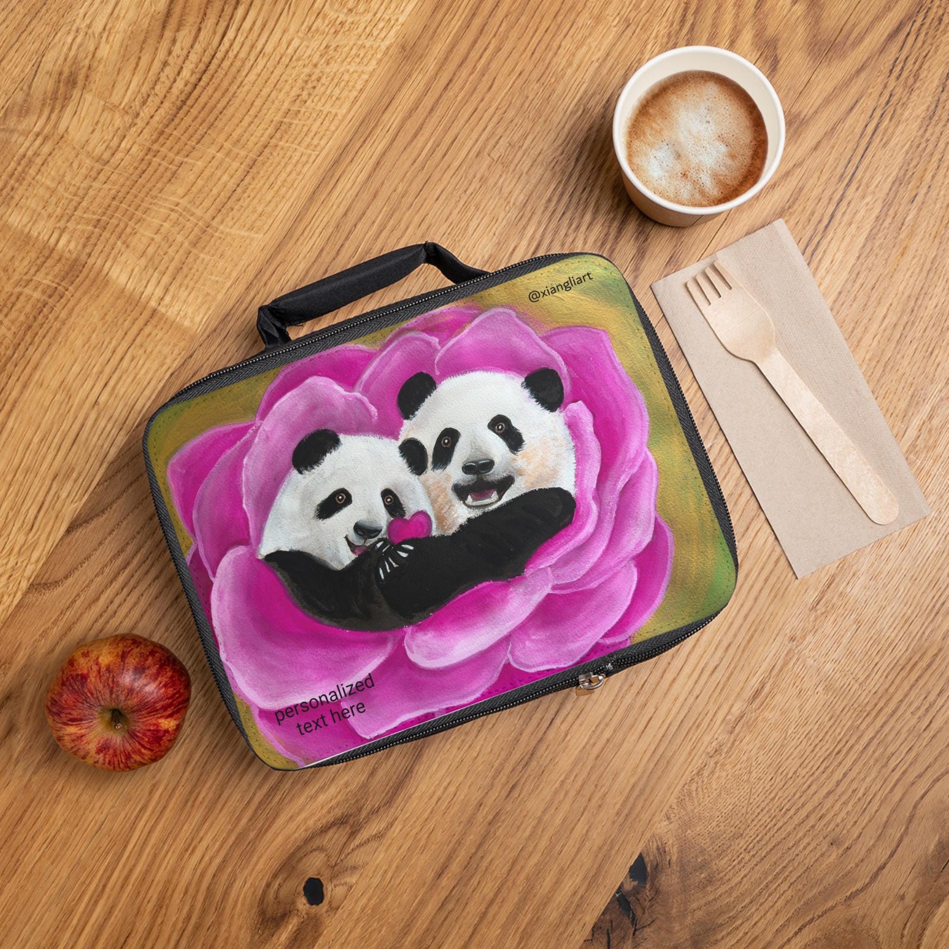 Panda Hug Flower Lunch Bag | Cute Panda Twins in Pink Bloom
