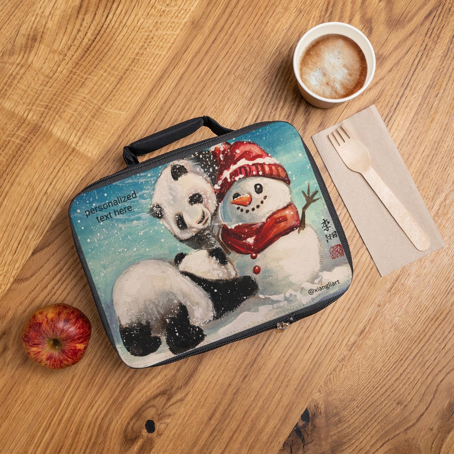 Pandas Hugging Snowman Lunch Bag | Winter Holiday Cute Animal Scene