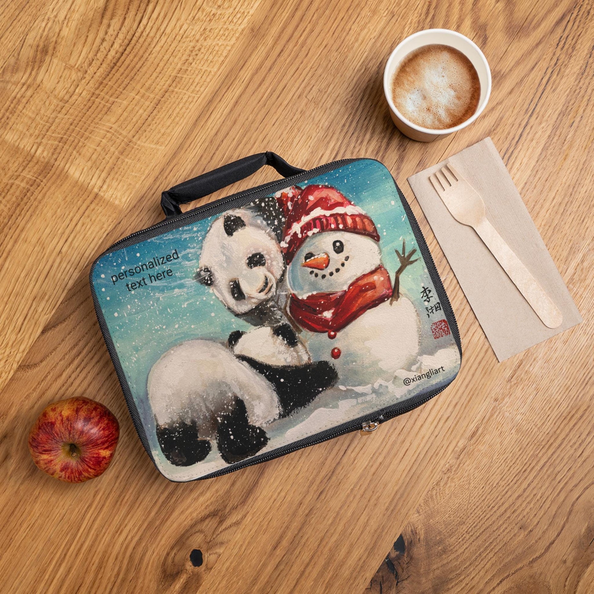Pandas Hugging Snowman Lunch Bag | Winter Holiday Cute Animal Scene