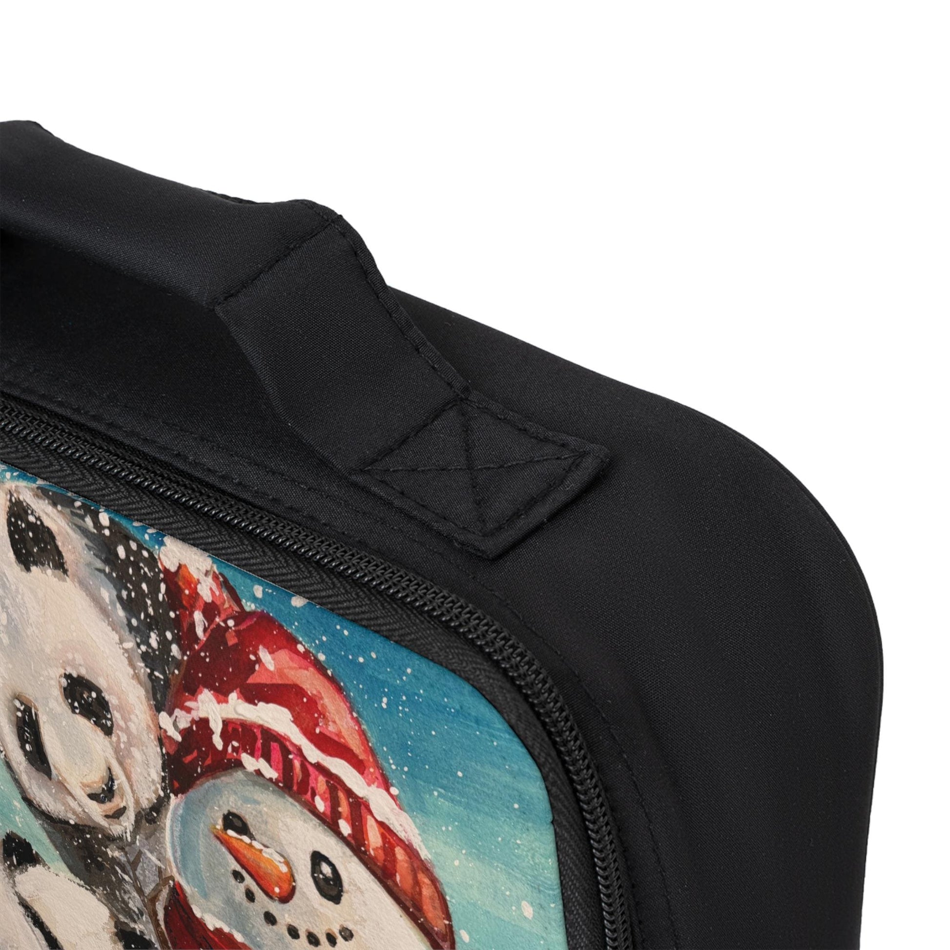 Pandas Hugging Snowman Lunch Bag | Winter Holiday Cute Animal Scene