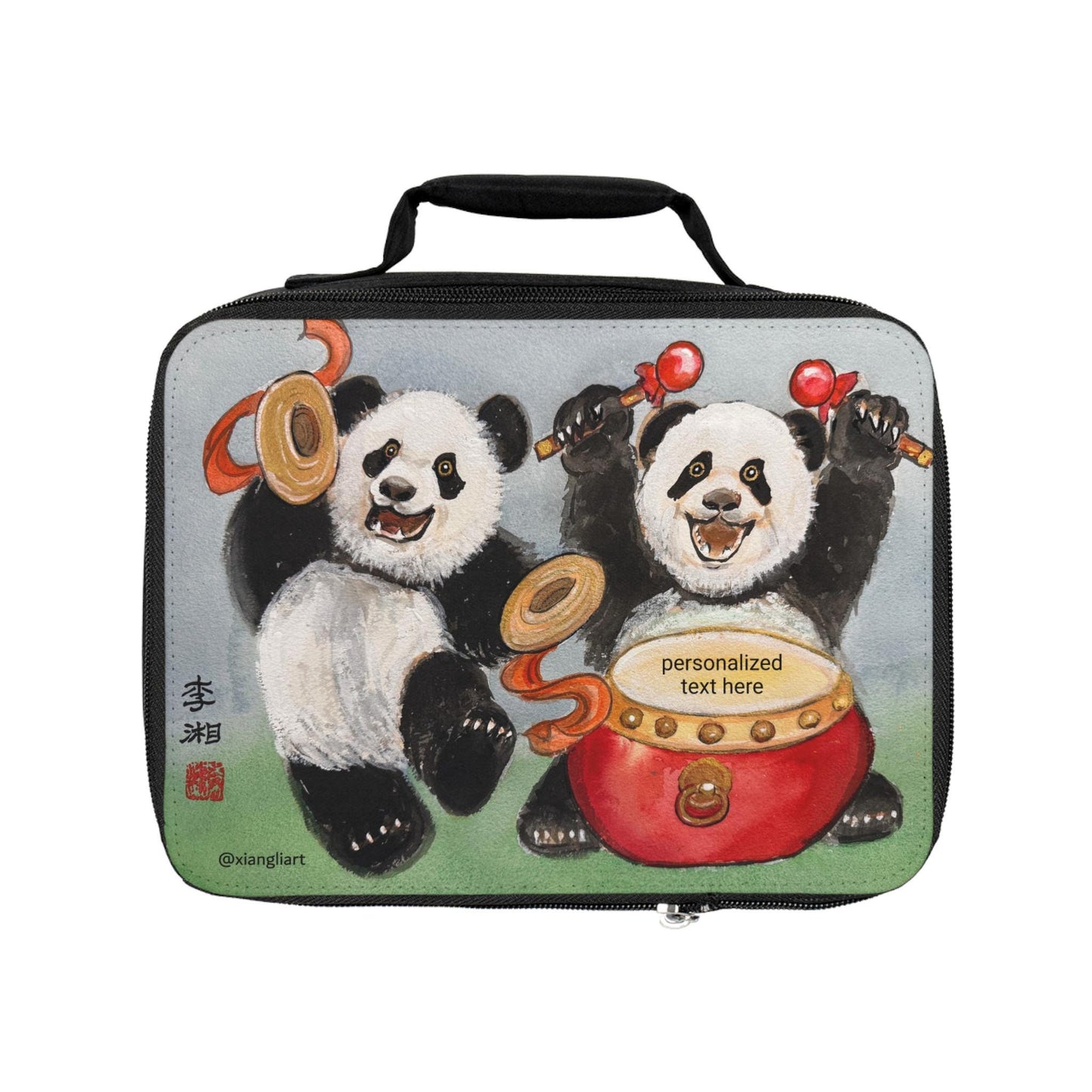 Drumming Panda Lunch Bag | Cute Cartoon Pandas, Personalized Text Option