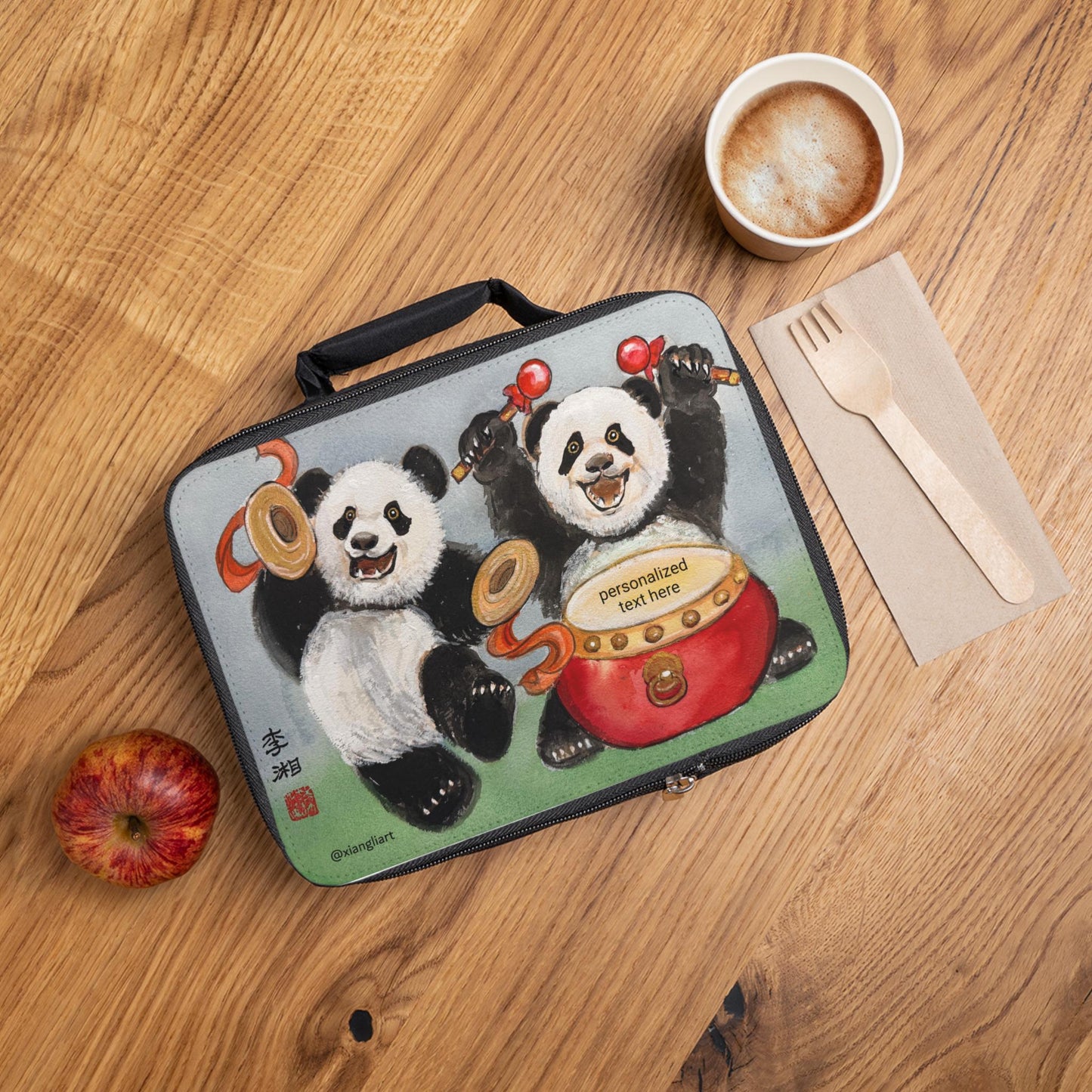 Drumming Panda Lunch Bag | Cute Cartoon Pandas, Personalized Text Option