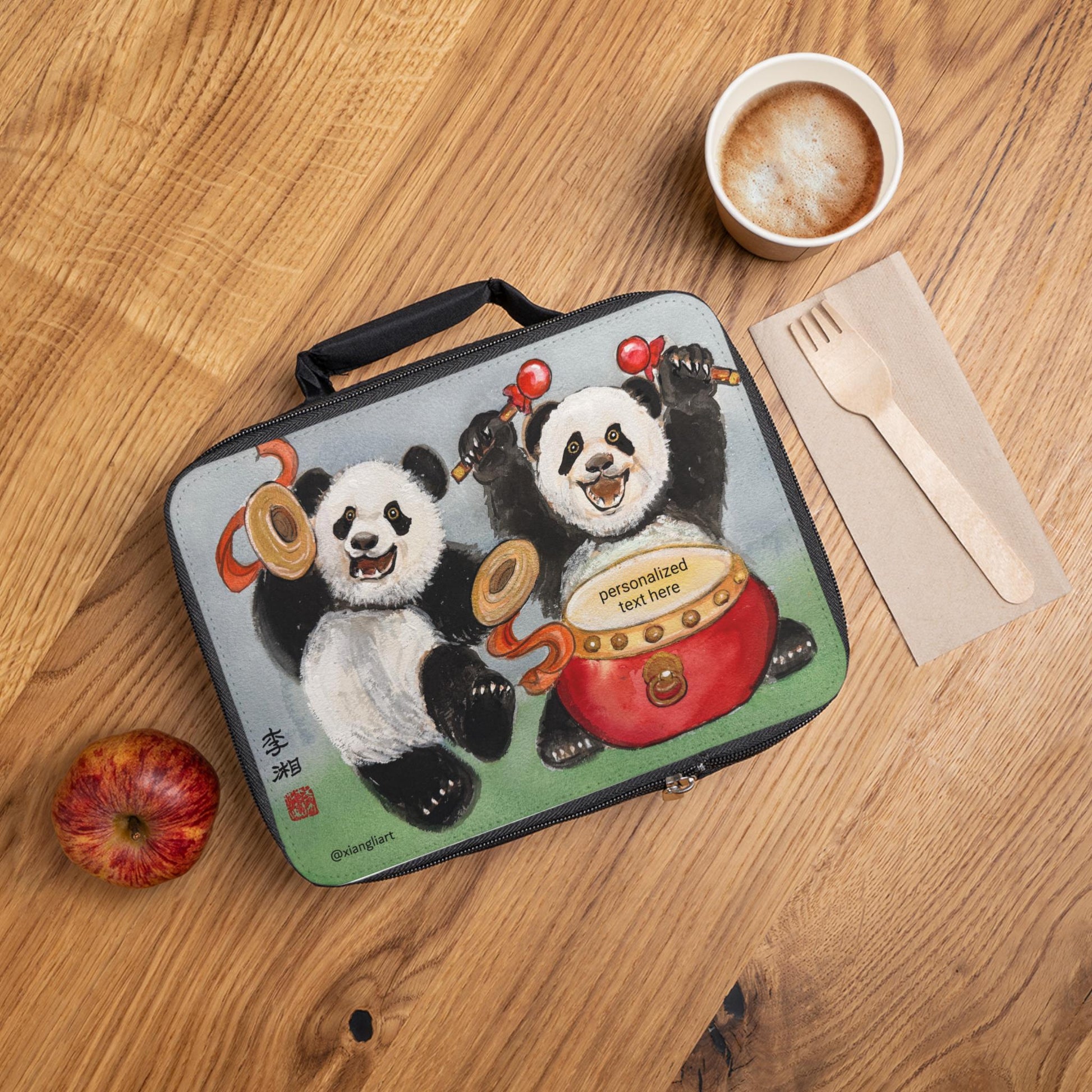 Drumming Panda Lunch Bag | Cute Cartoon Pandas, Personalized Text Option