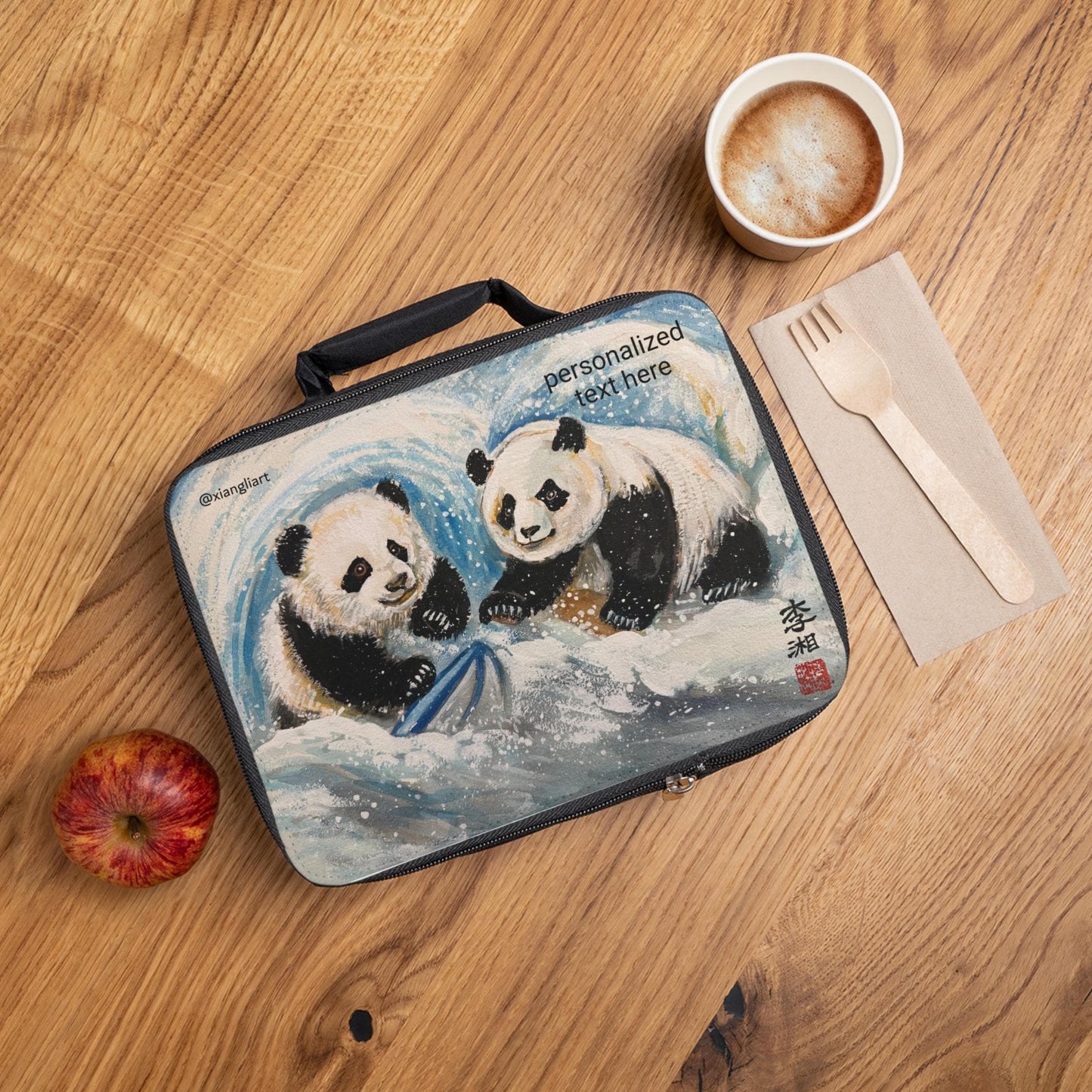 Playful Panda Illustration Lunch Bag | Personalized Text Option