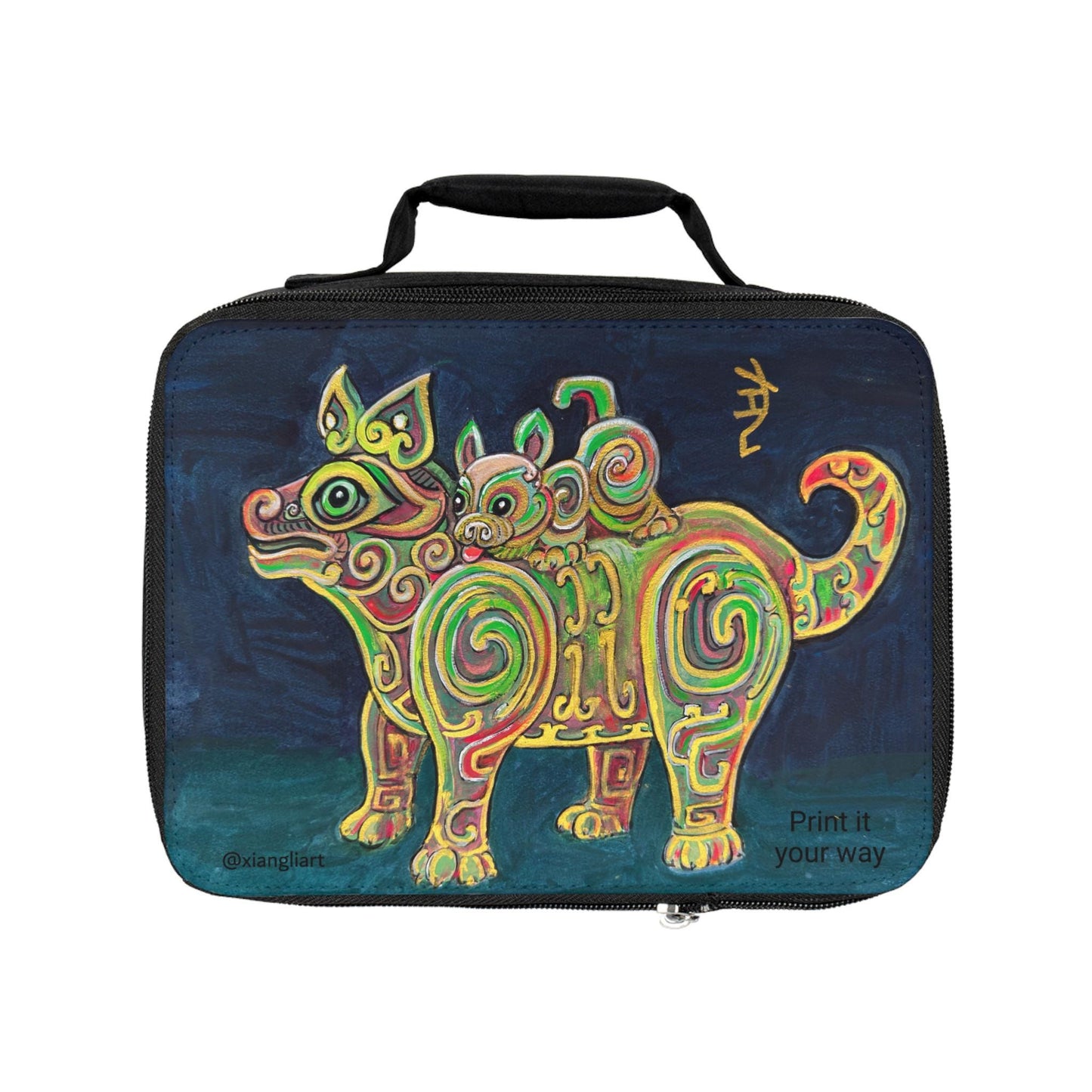 Neon Swirl Mythical Dog Lunch Bag | Colorful Folk Art Canine