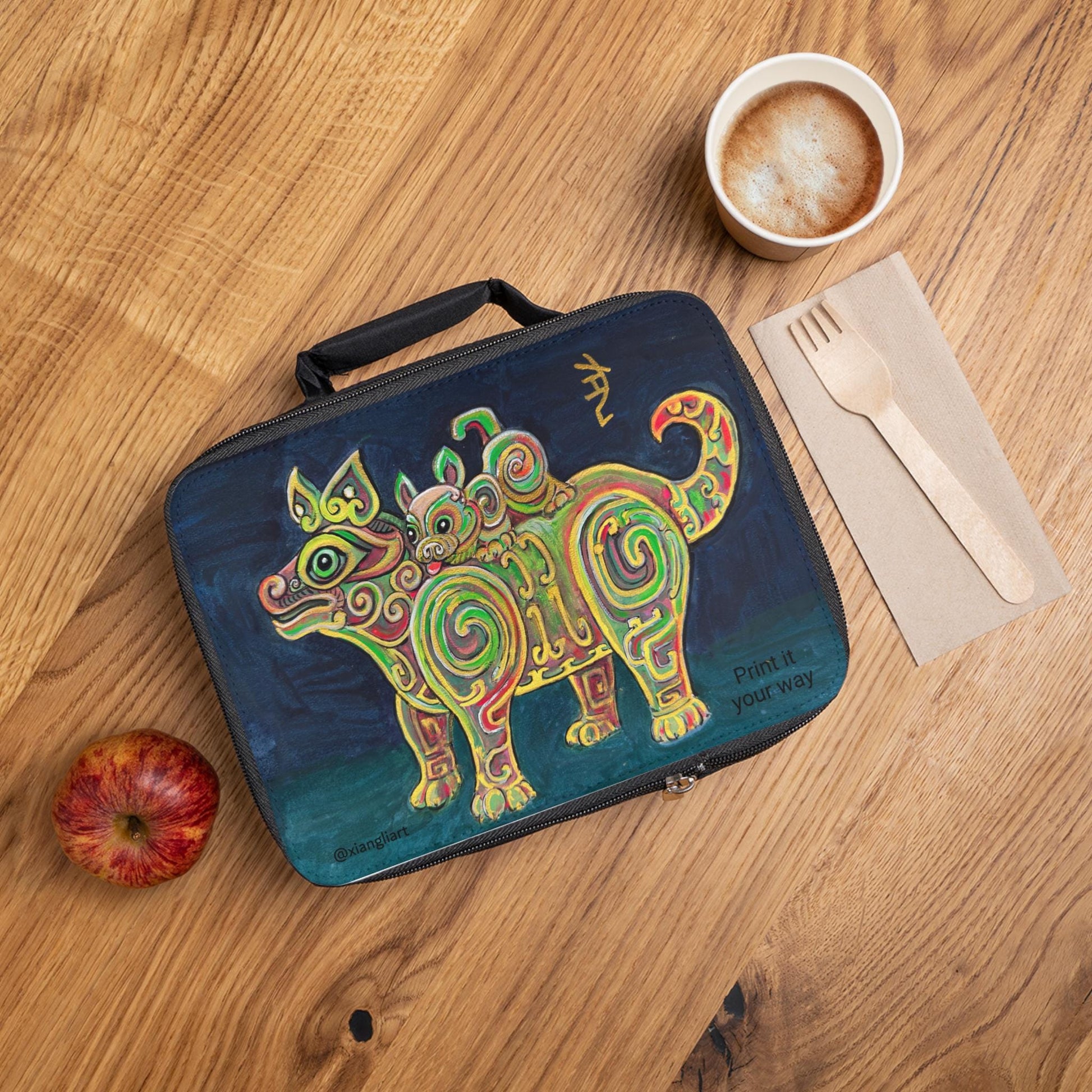 Neon Swirl Mythical Dog Lunch Bag | Colorful Folk Art Canine