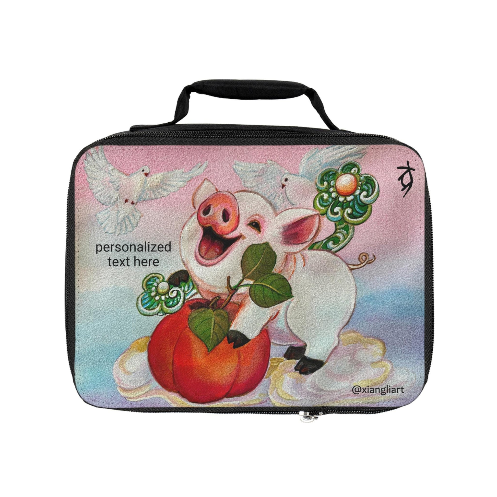 Happy Pig with Peach Lunch Bag | Cute Animal Personalized Lunchbox