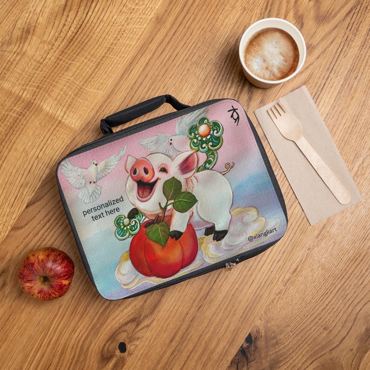 Happy Pig with Peach Lunch Bag | Cute Animal Personalized Lunchbox