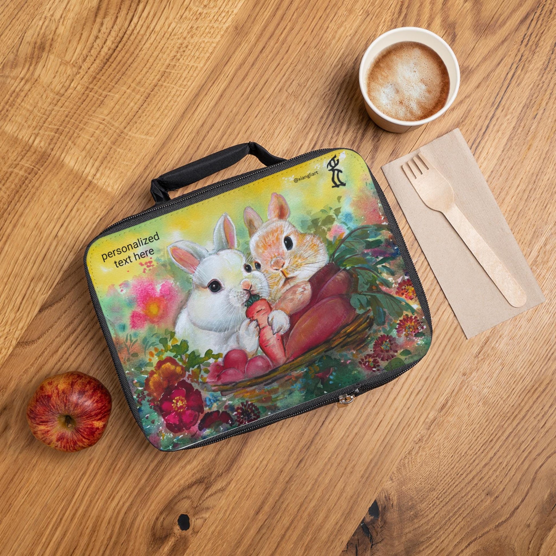 Cute Bunny Couple Lunch Bag | Year of the Rabbit Chinese Lunar New Year | Floral Rabbit Illustration, Personalized Option