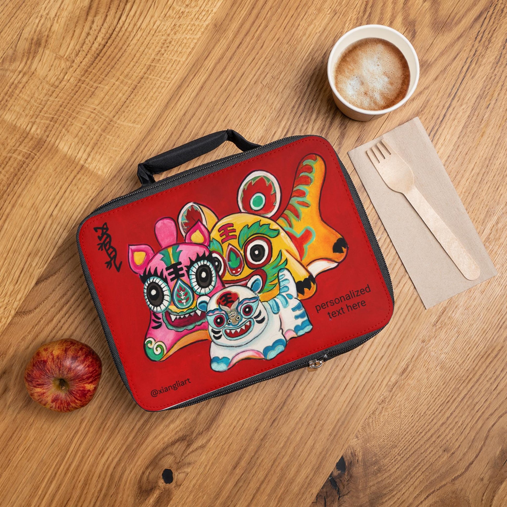 Colorful Chinese Lion Dance Trio Lunch Bag | Red Neon Folk Art