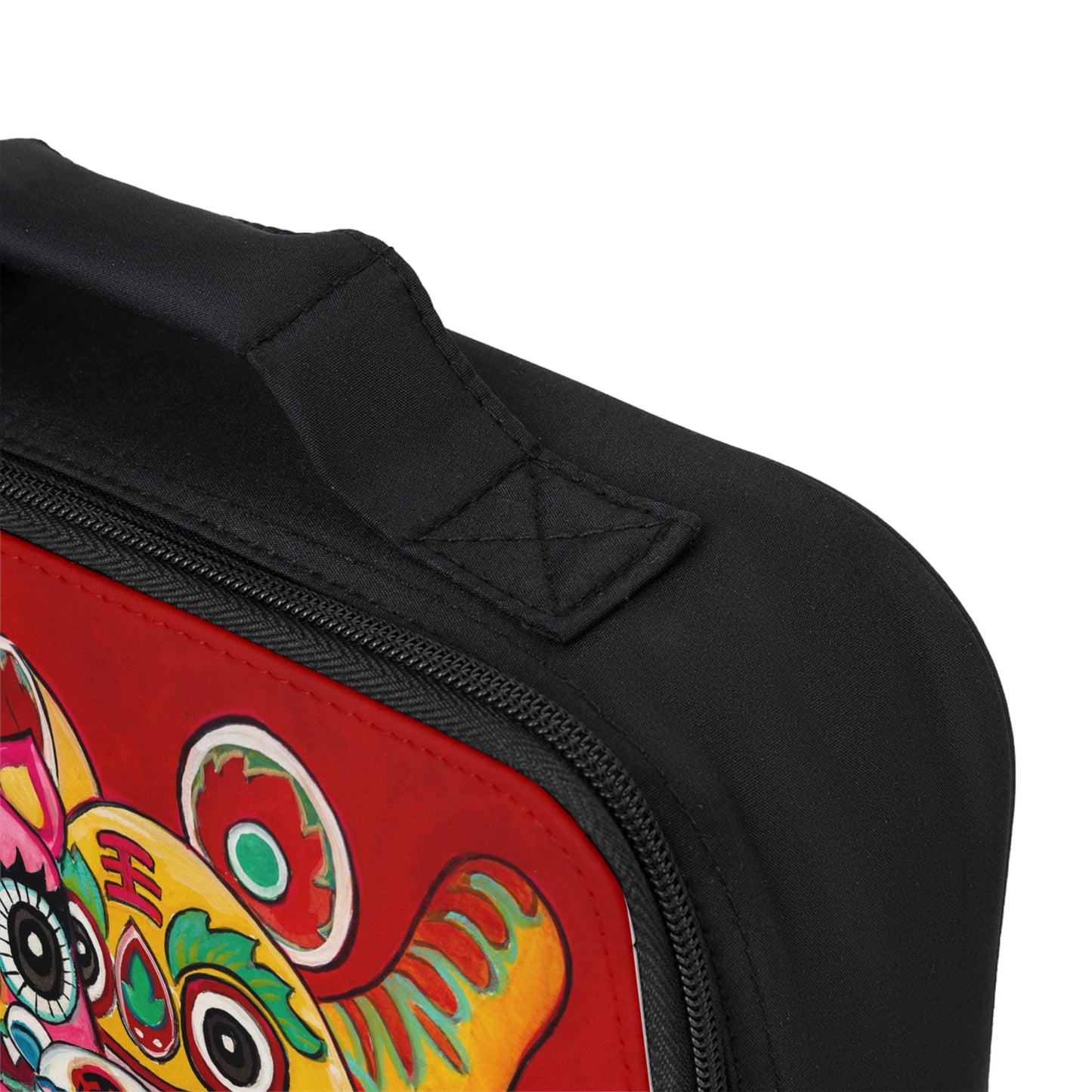 Colorful Chinese Lion Dance Trio Lunch Bag | Red Neon Folk Art