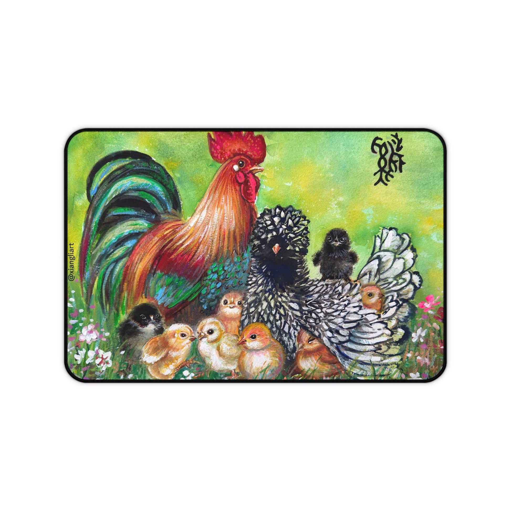 Rooster Hen and Chicks Desk Mat | Farmhouse Chicken Illustration
