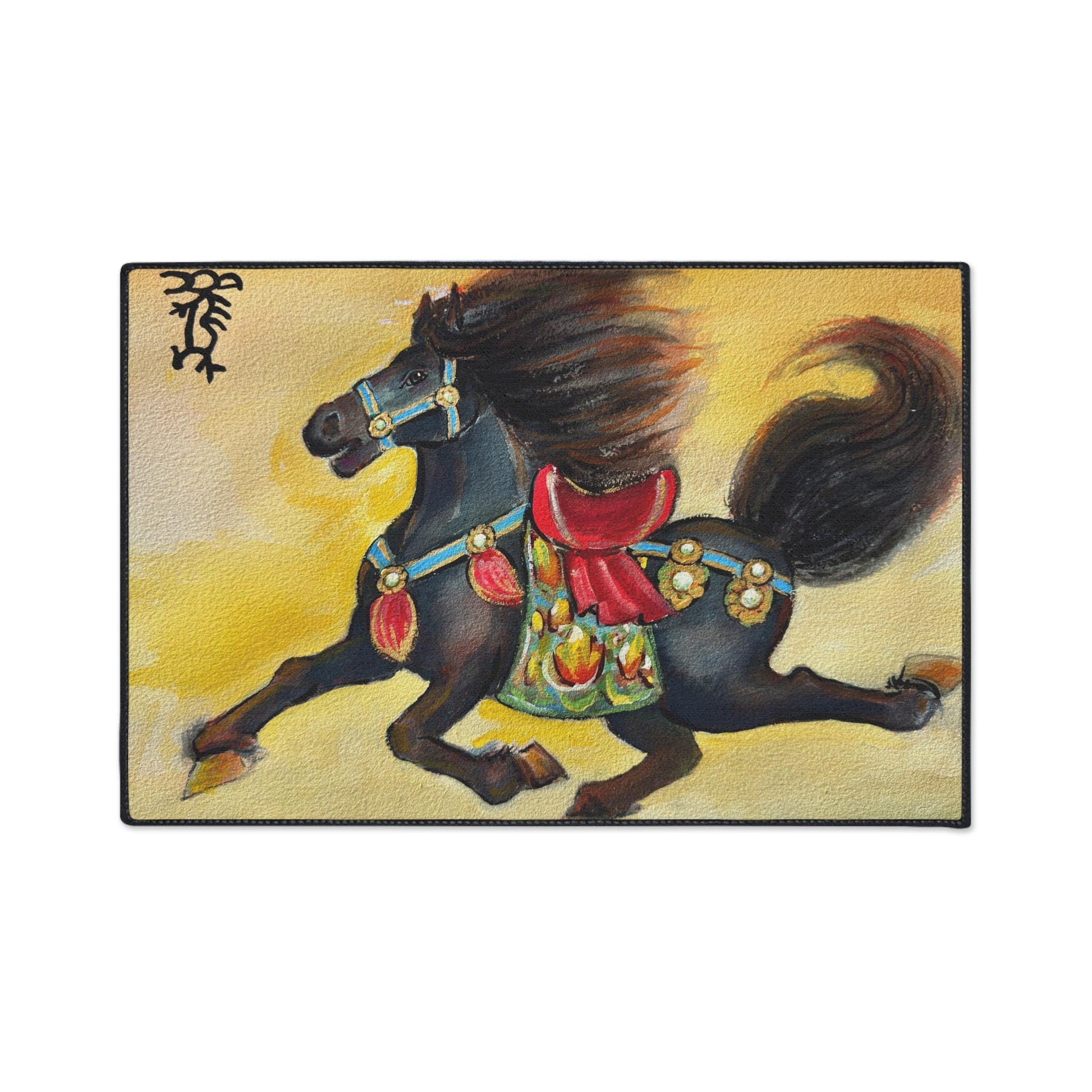 Running Black Horse floor mat | oriental pony painting, decorative doormat