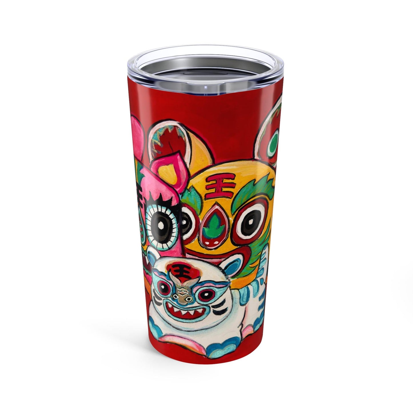 Chinese Lion Dance Cats Tumbler 20oz | Red Lucky Foo Dogs Design