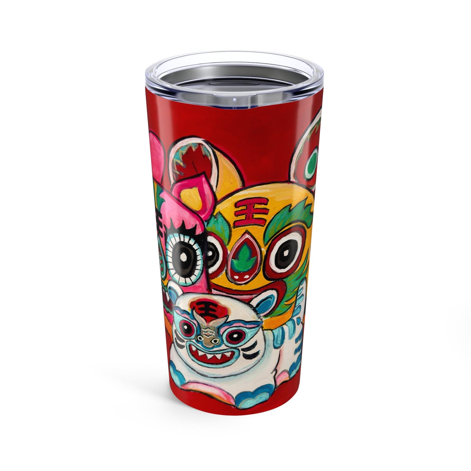 Chinese Lion Dance Cats Tumbler 20oz | Red Lucky Foo Dogs Design