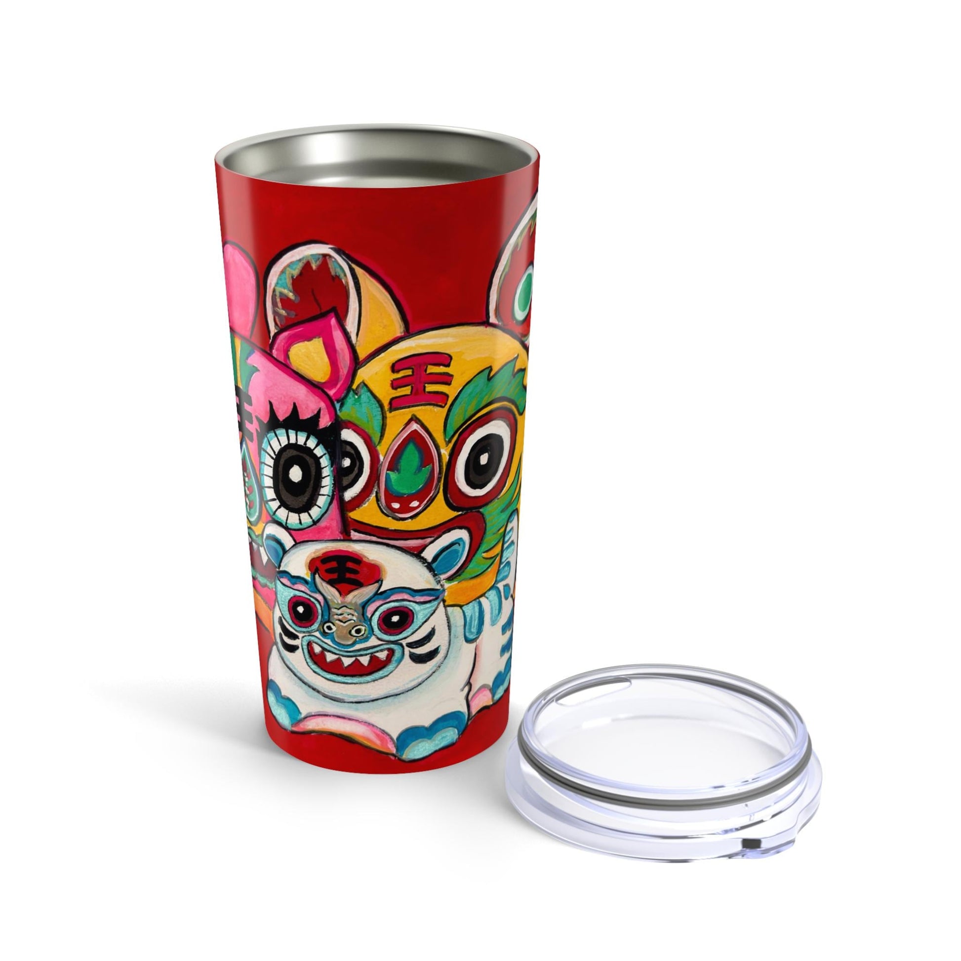 Chinese Lion Dance Cats Tumbler 20oz | Red Lucky Foo Dogs Design