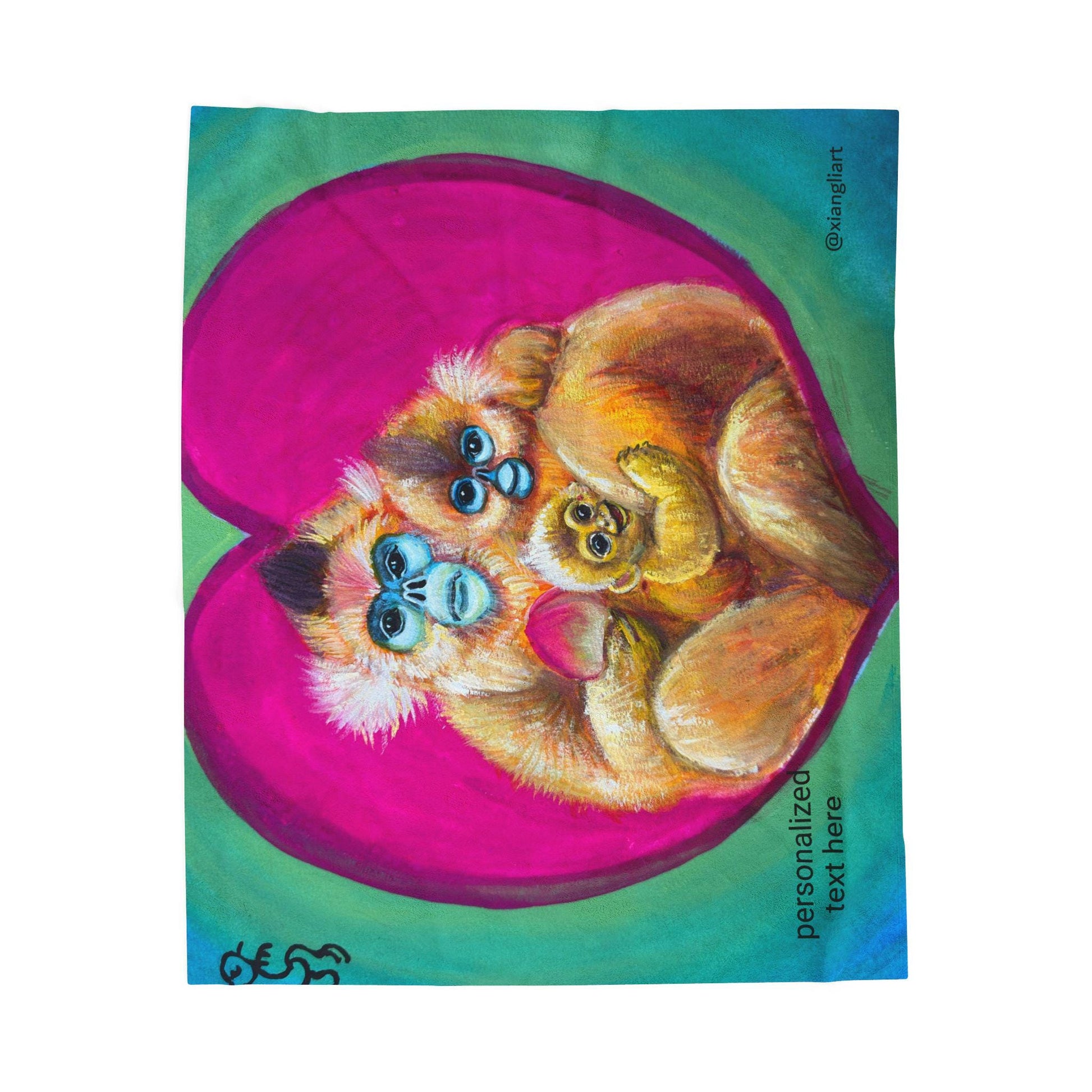 Heart Monkey Family Velveteen Plush Blanket | Colorful Mama and Baby Illustration