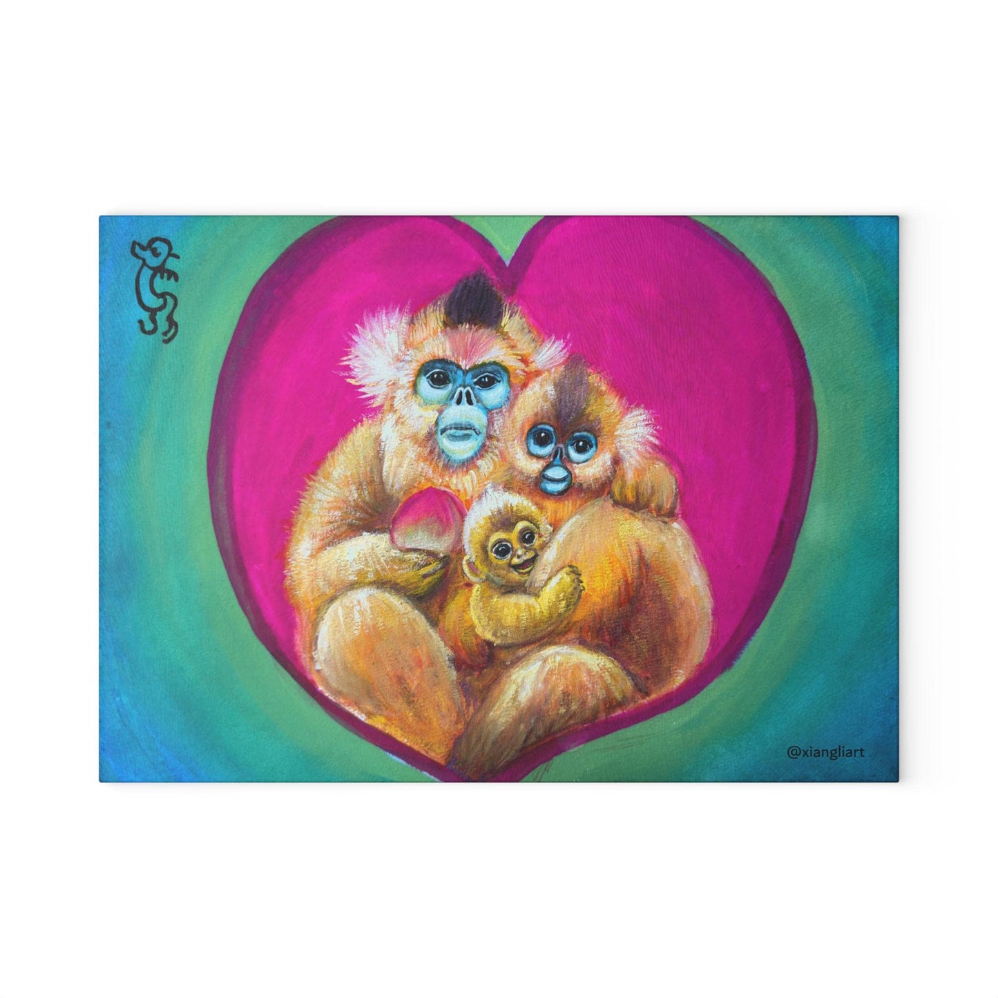 Golden Monkey Family Glass Cutting Board | Heart Illustration, Cute Animal Kitchen Art