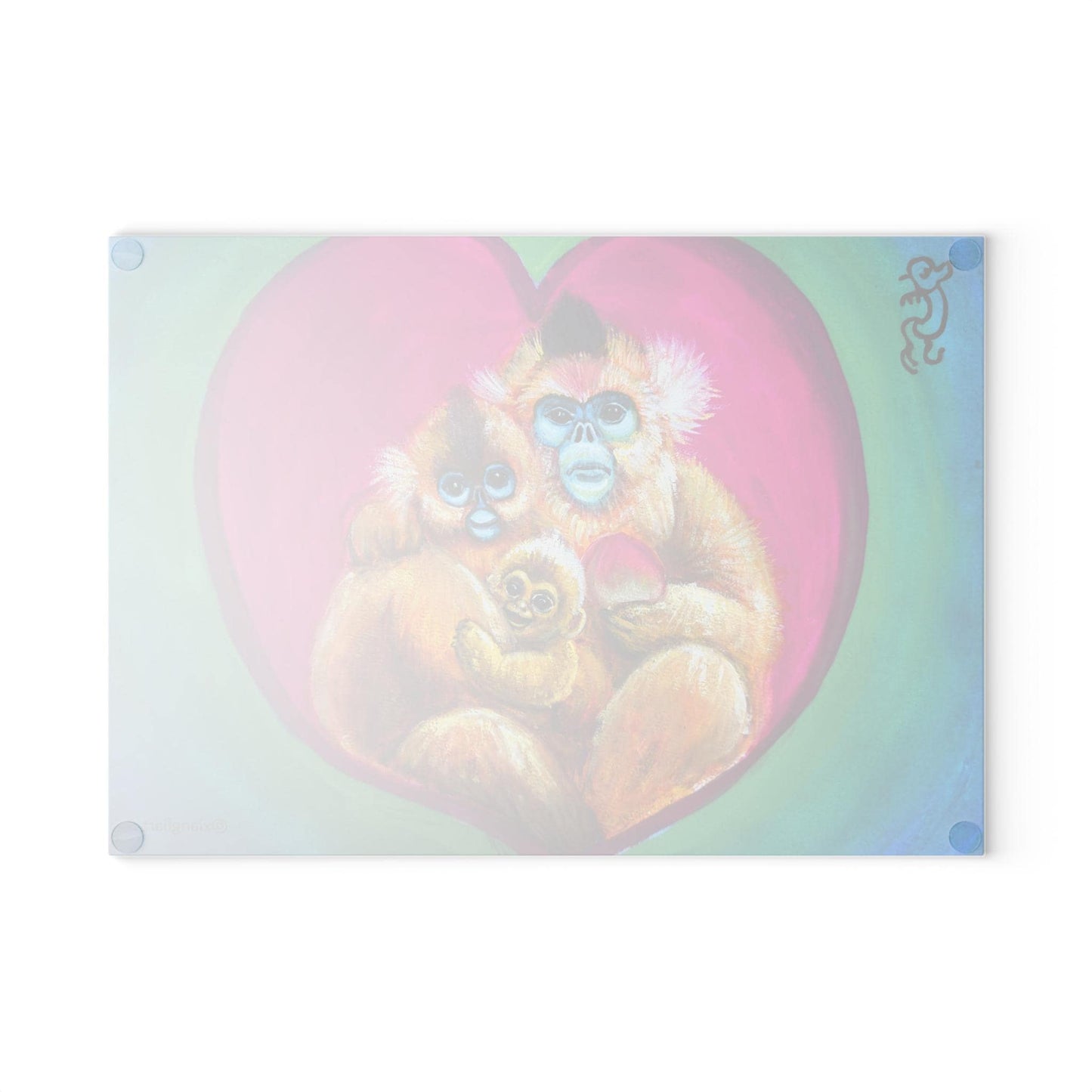 Golden Monkey Family Glass Cutting Board | Heart Illustration, Cute Animal Kitchen Art