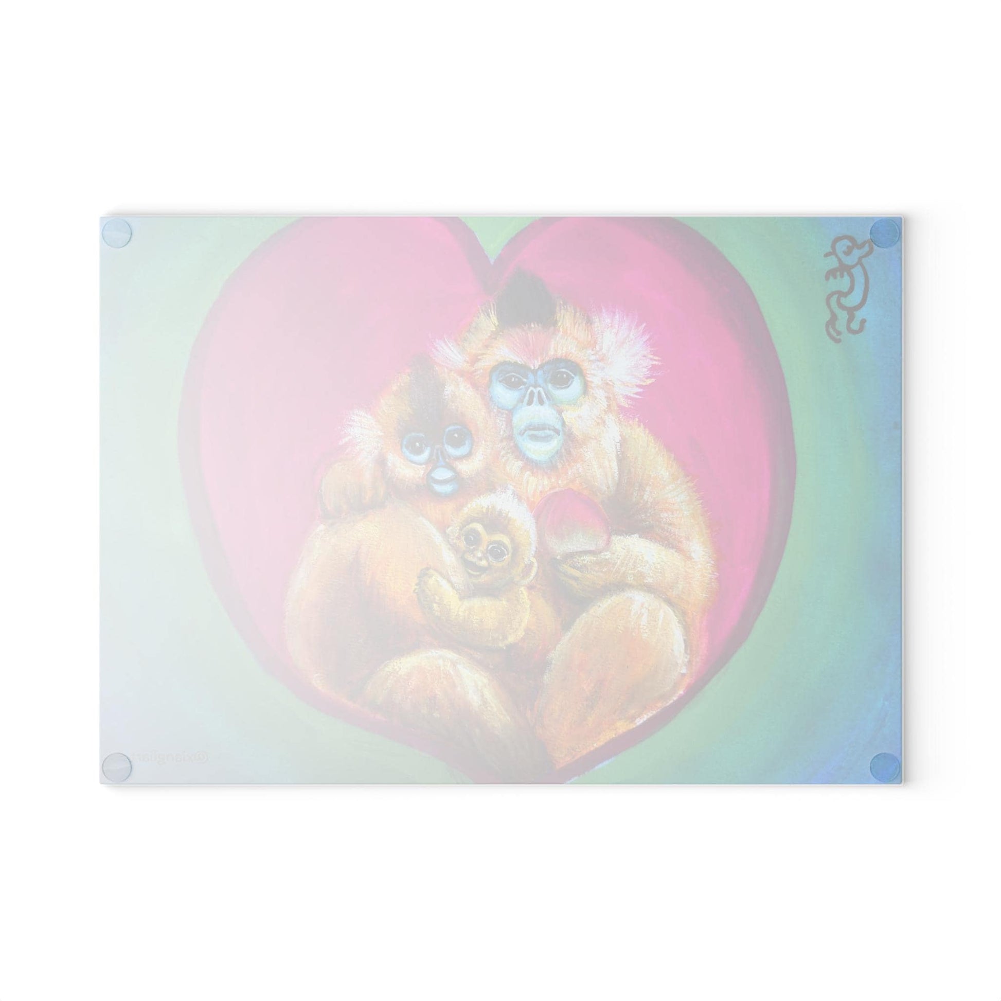 Golden Monkey Family Glass Cutting Board | Heart Illustration, Cute Animal Kitchen Art