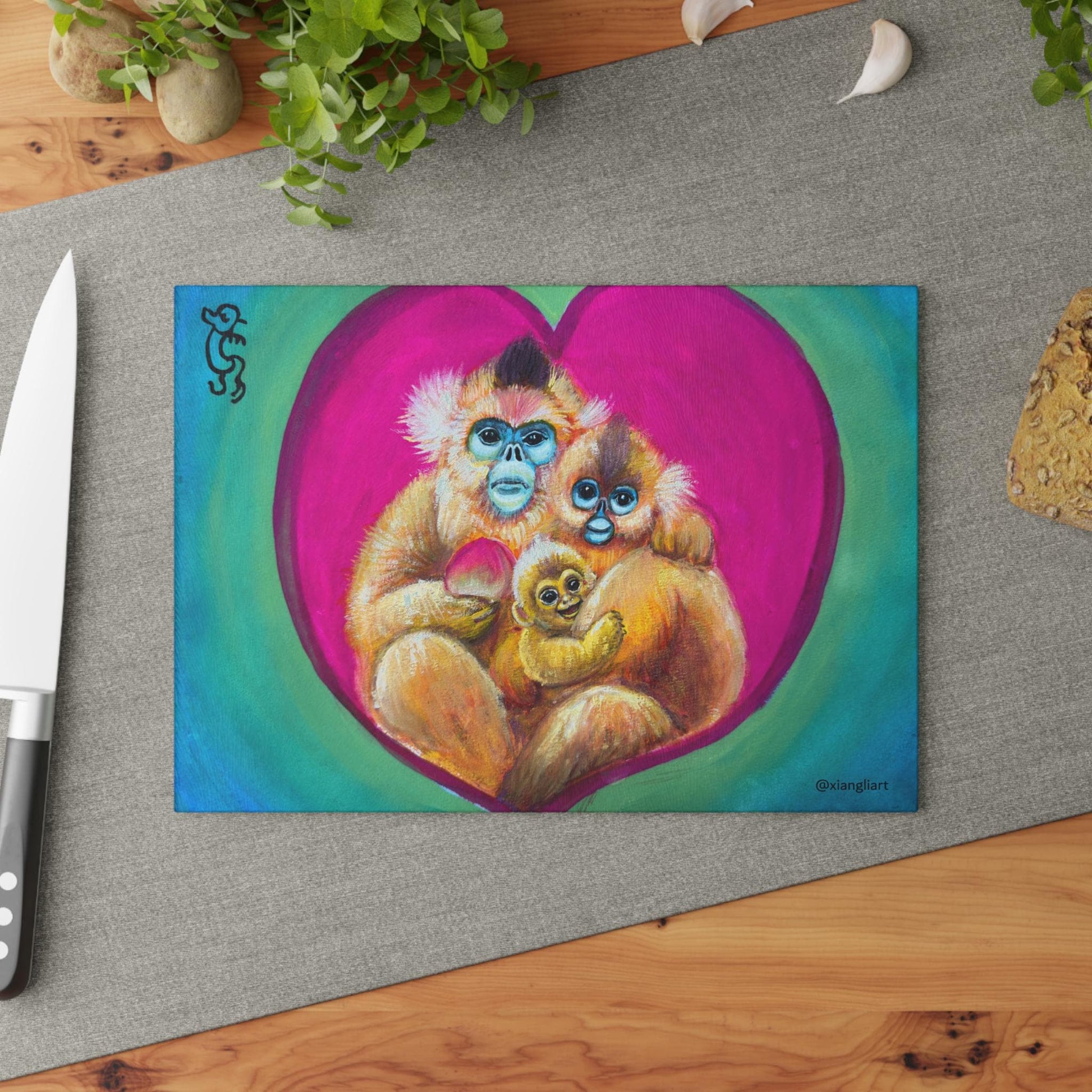 Golden Monkey Family Glass Cutting Board | Heart Illustration, Cute Animal Kitchen Art