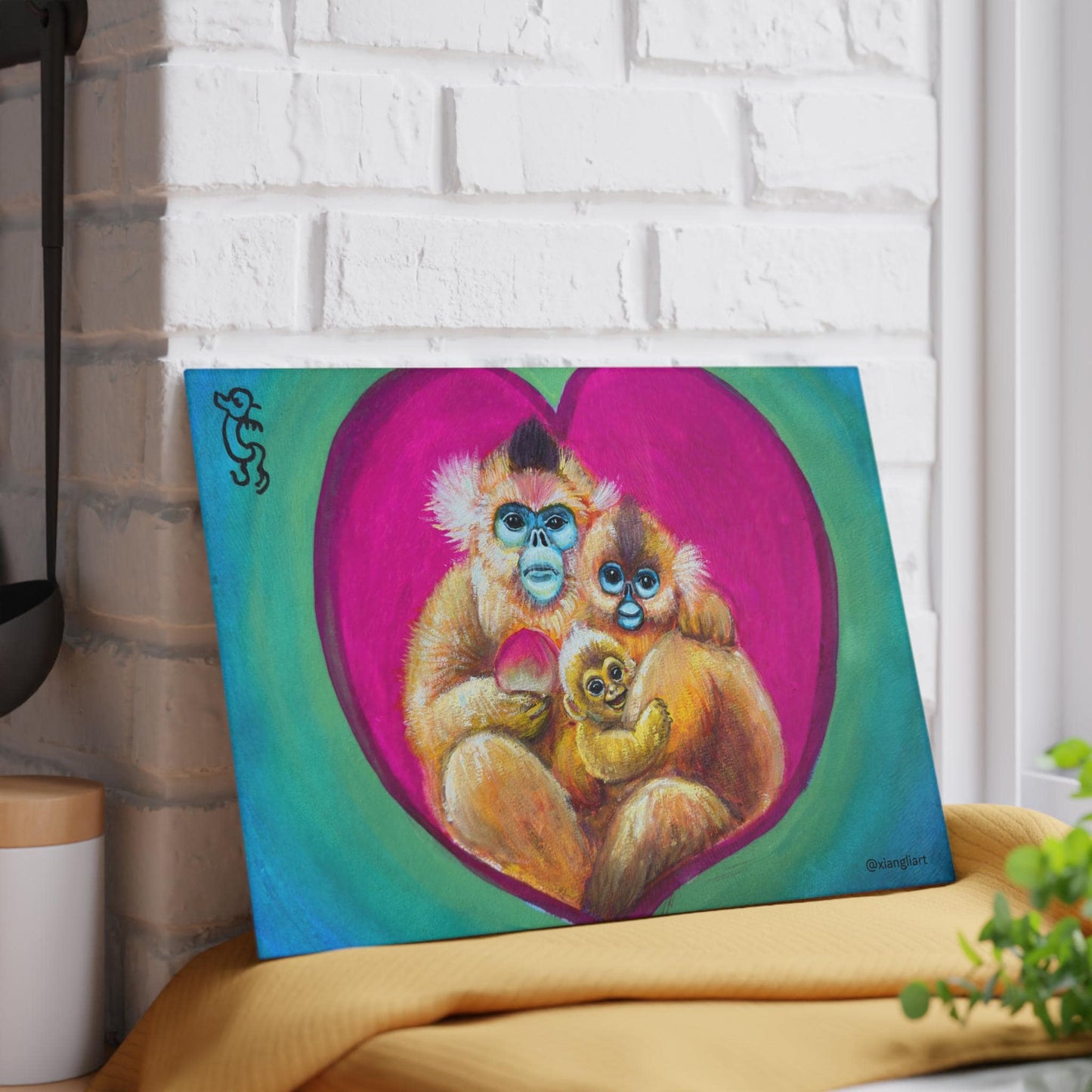 Golden Monkey Family Glass Cutting Board | Heart Illustration, Cute Animal Kitchen Art