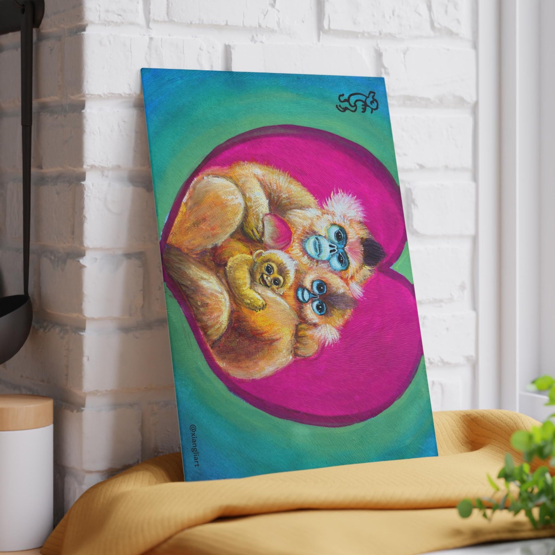 Golden Monkey Family Glass Cutting Board | Heart Illustration, Cute Animal Kitchen Art