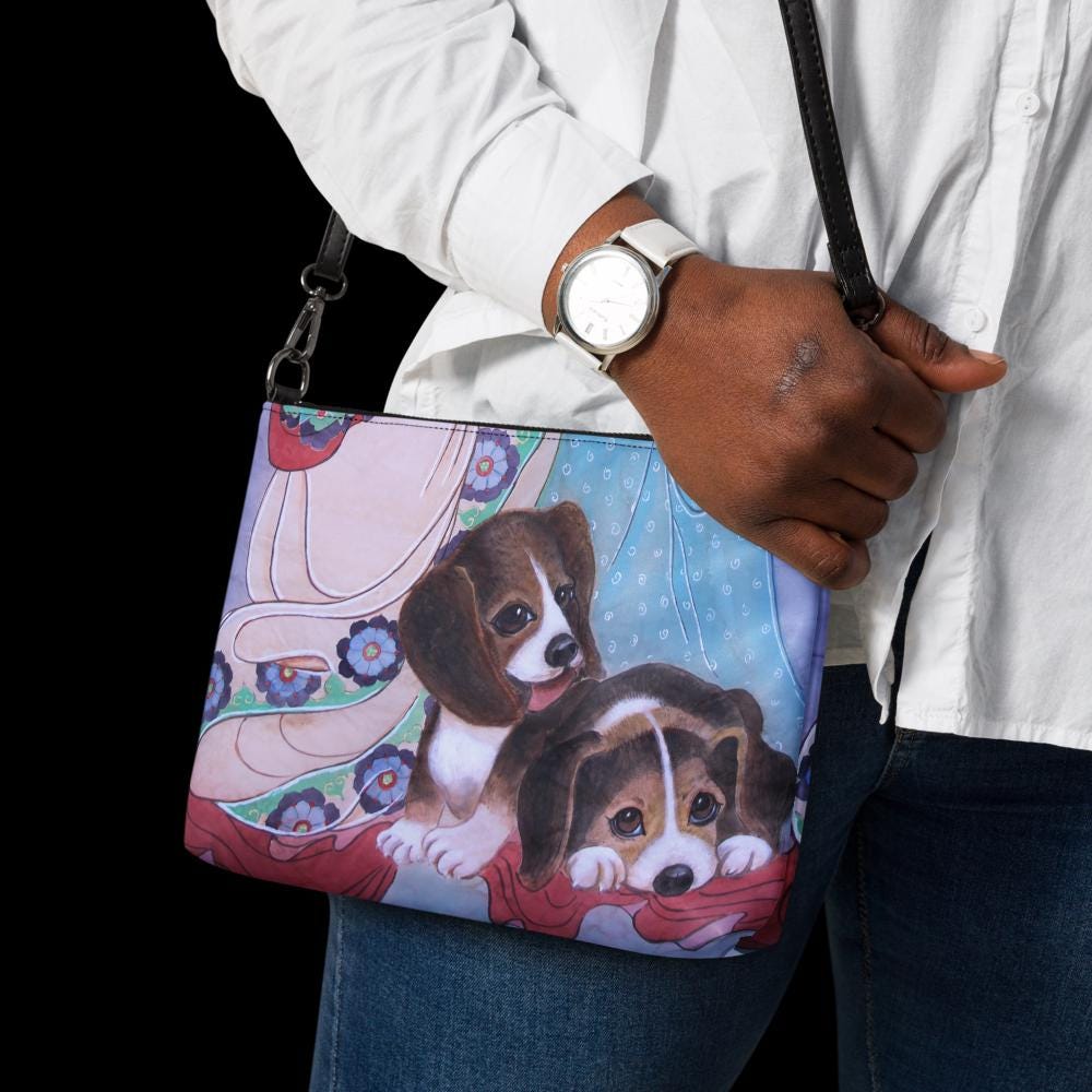 Crossbody bag- Watercolor art print - Beagle Puppies - Pet art