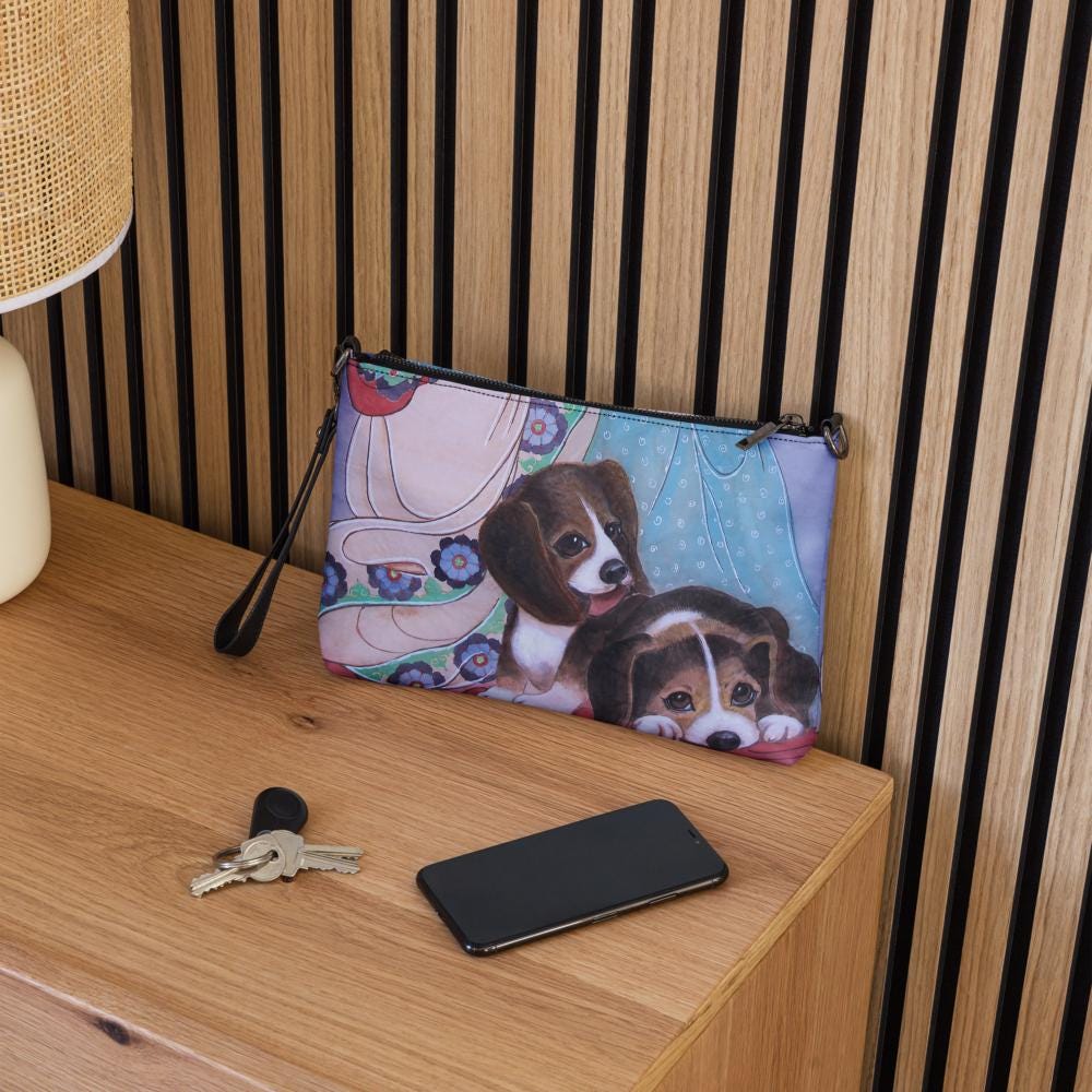 Crossbody bag- Watercolor art print - Beagle Puppies - Pet art