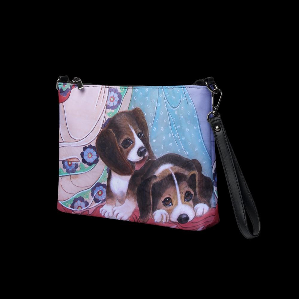 Crossbody bag- Watercolor art print - Beagle Puppies - Pet art