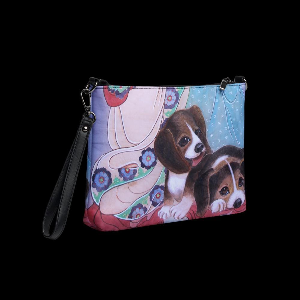 Crossbody bag- Watercolor art print - Beagle Puppies - Pet art