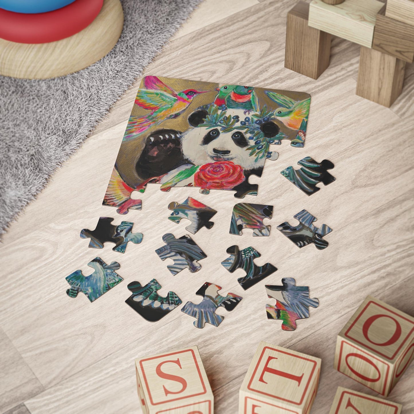 Panda with Rose and Hummingbirds Kids' Puzzle | 30-Piece Children's Jigsaw