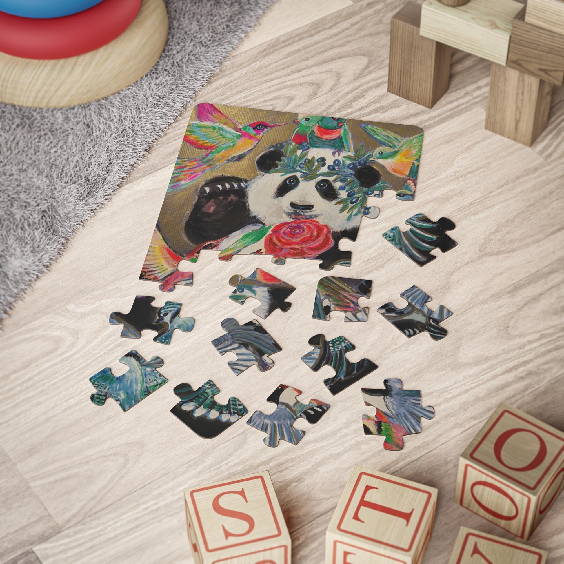 Panda with Rose and Hummingbirds Kids' Puzzle | 30-Piece Children's Jigsaw