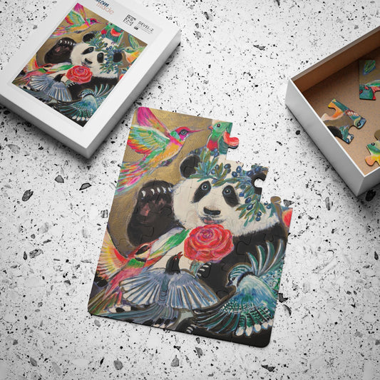 Panda with Rose and Hummingbirds Kids' Puzzle | 30-Piece Children's Jigsaw