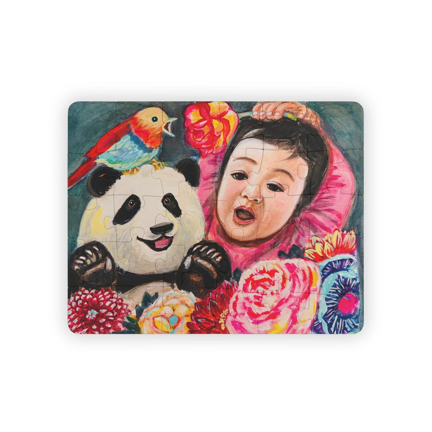 Baby and Panda Illustration Kids Puzzle, 30-Piece | Colorful Floral Art